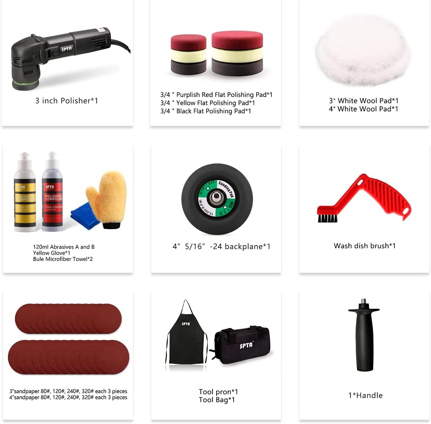 Collection of car care tools and equipment including a polisher, polishing pads, and brushes on a white background.