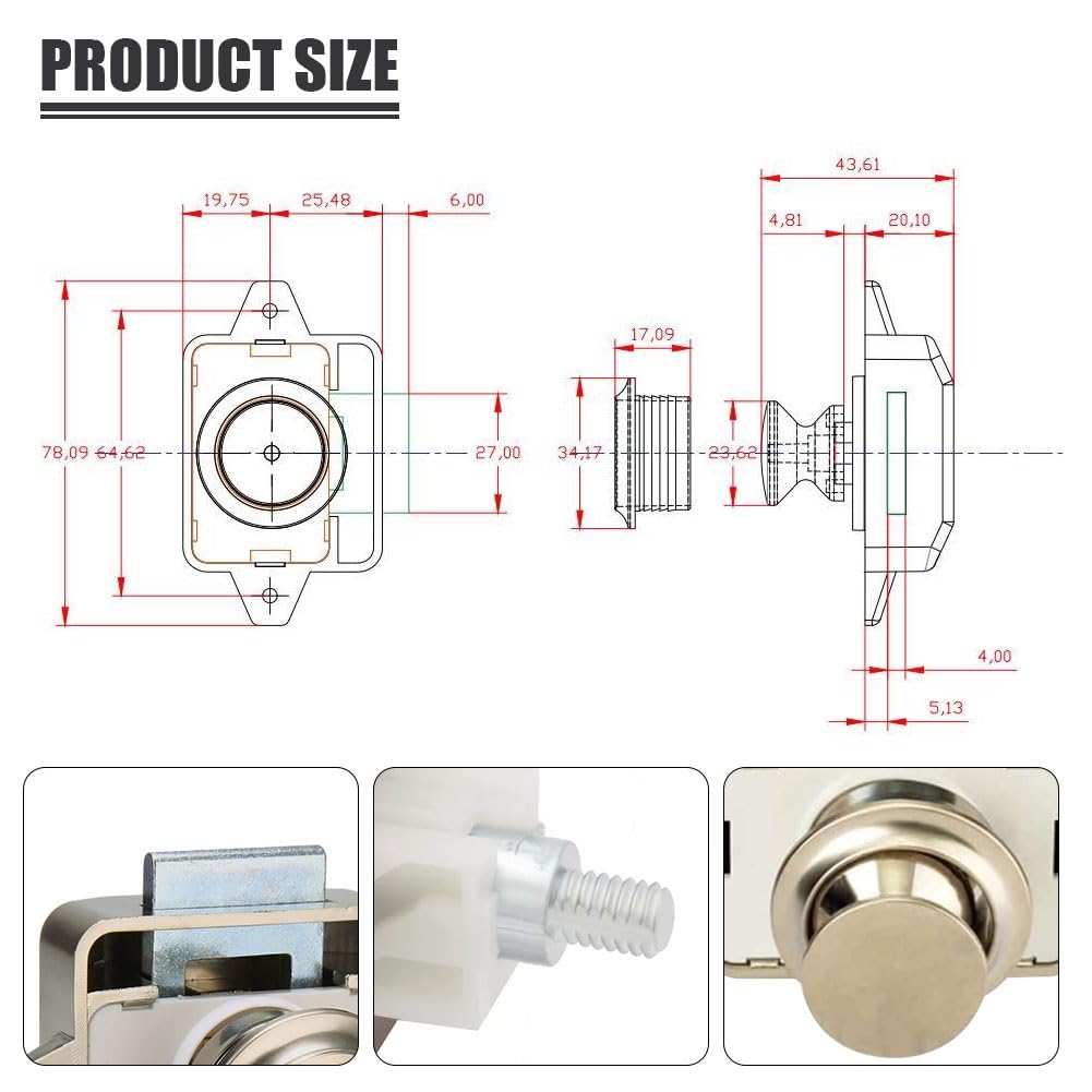 Technical drawing and close-up images of a metallic product with dimensions labeled.