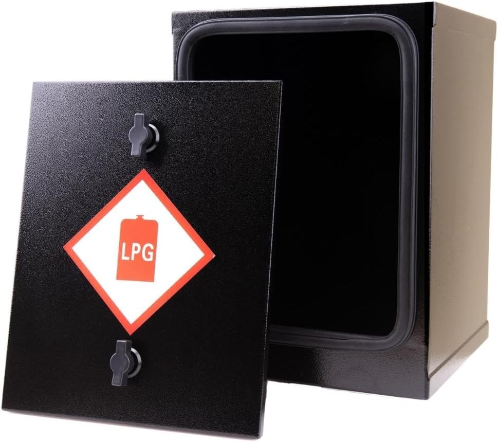 Black LPG storage container with a visible 'LPG' label on a white background