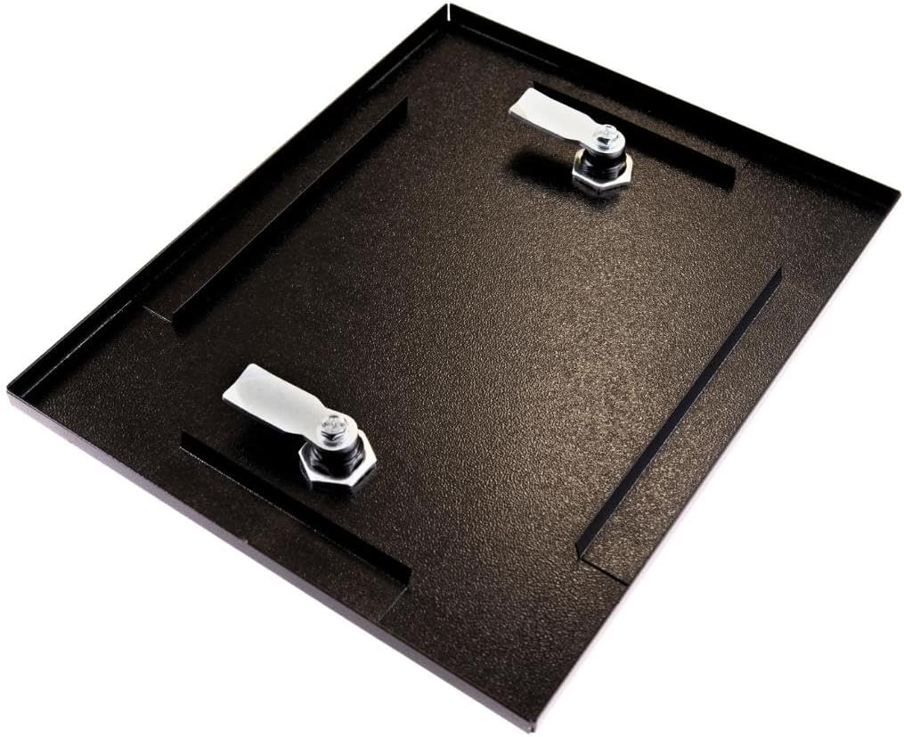 Black metal tray with two silver handles on a white background