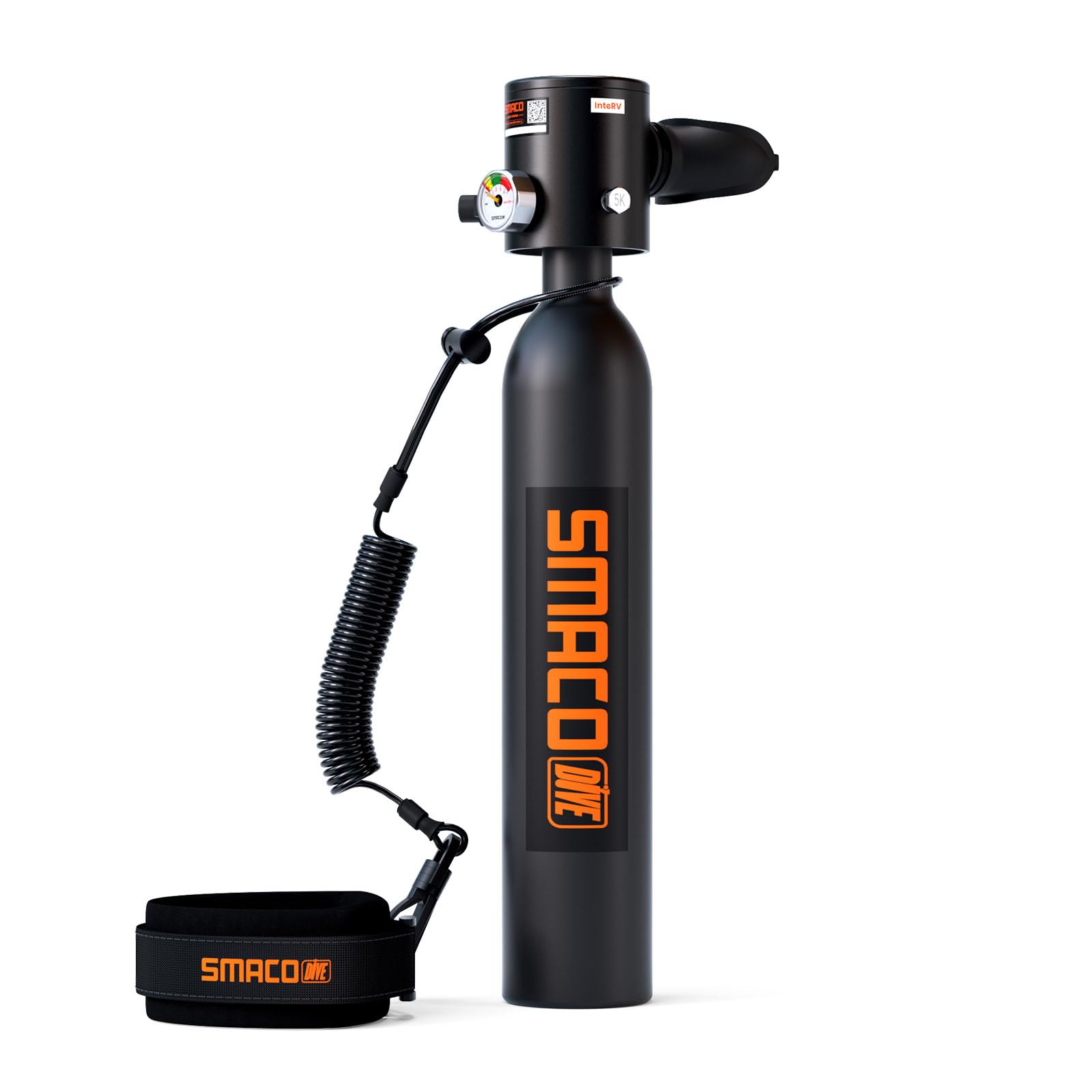 Black SCUBA tank with orange 'SMACO' branding on a white background