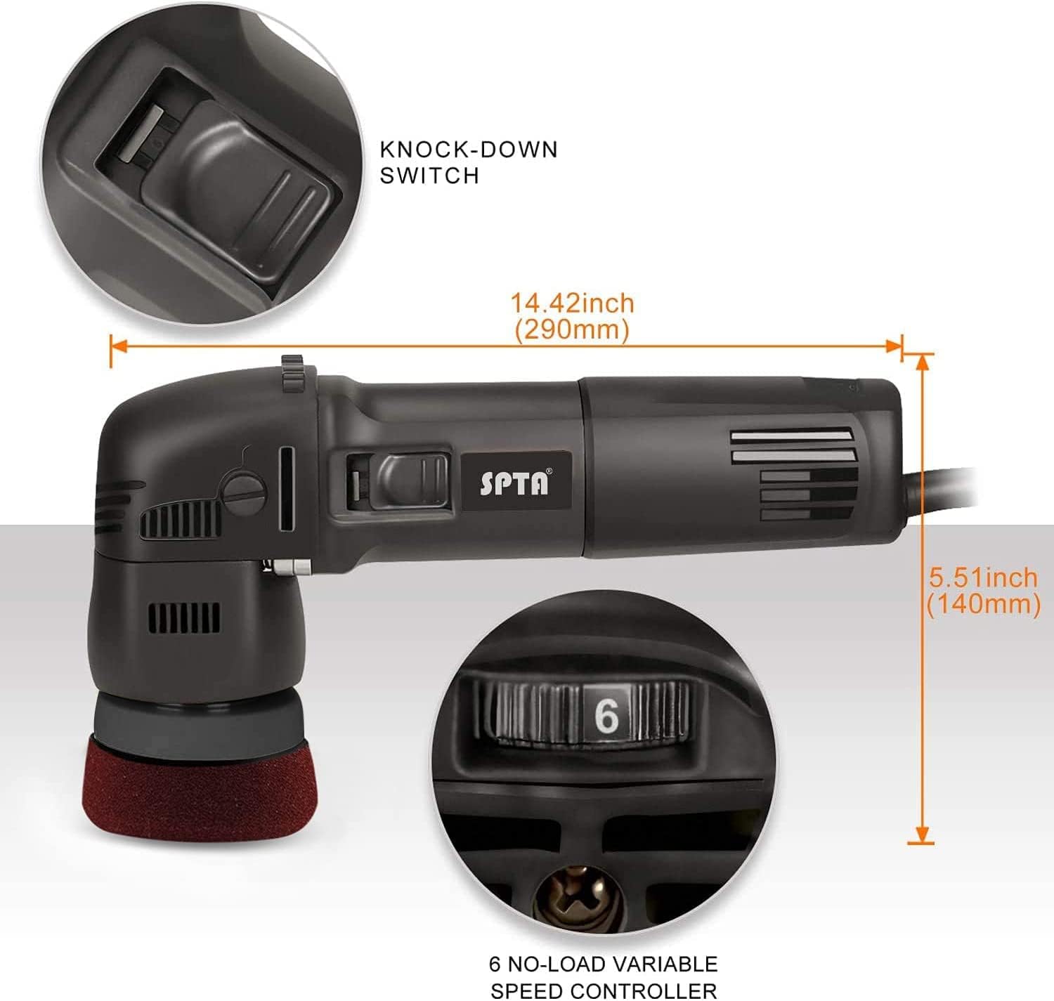 SPTA power tool with measurements and switch details on a white background