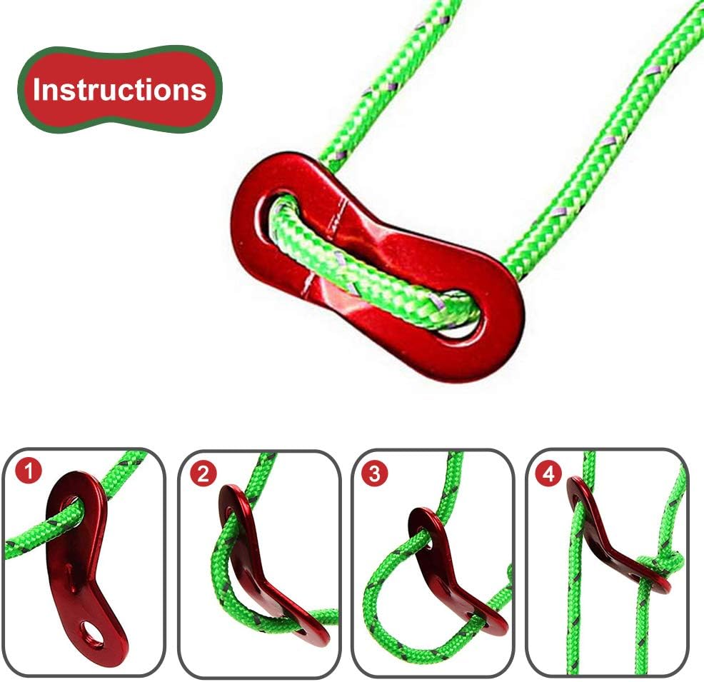 Red carabiner with green rope and step-by-step instructions on a white background