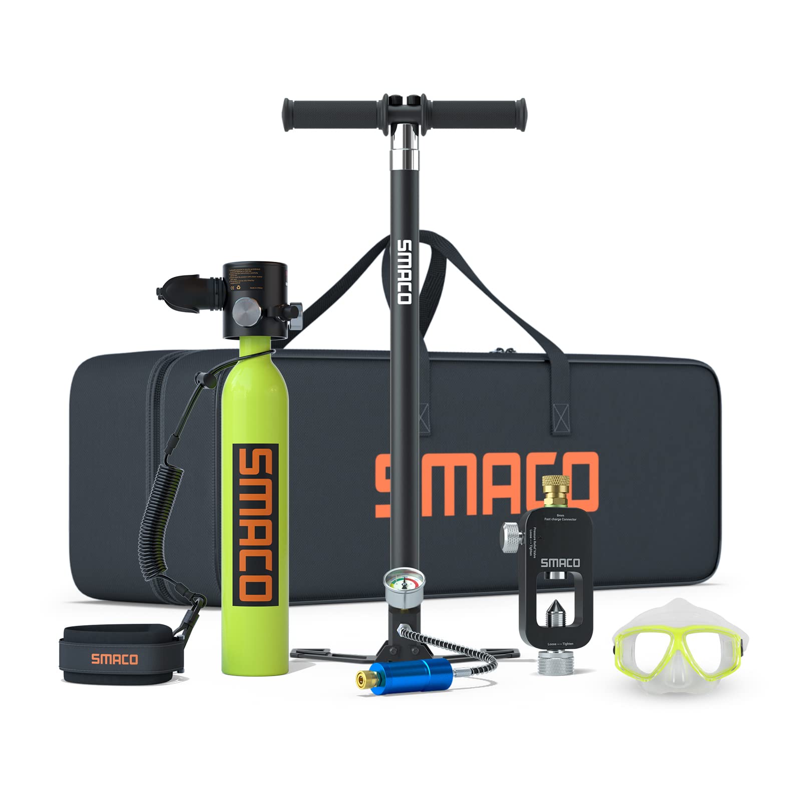 Scuba diving equipment set with SMACO branding on a white background