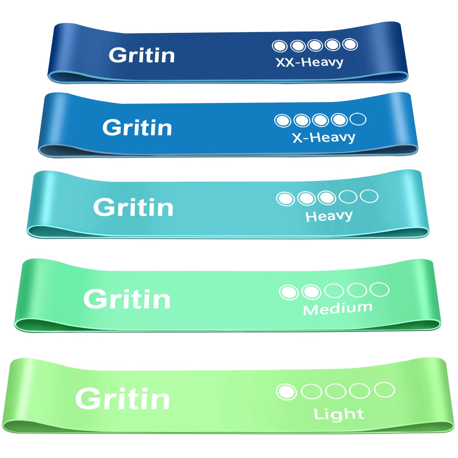 Set of Gritin resistance bands in different colors and weights on a white background