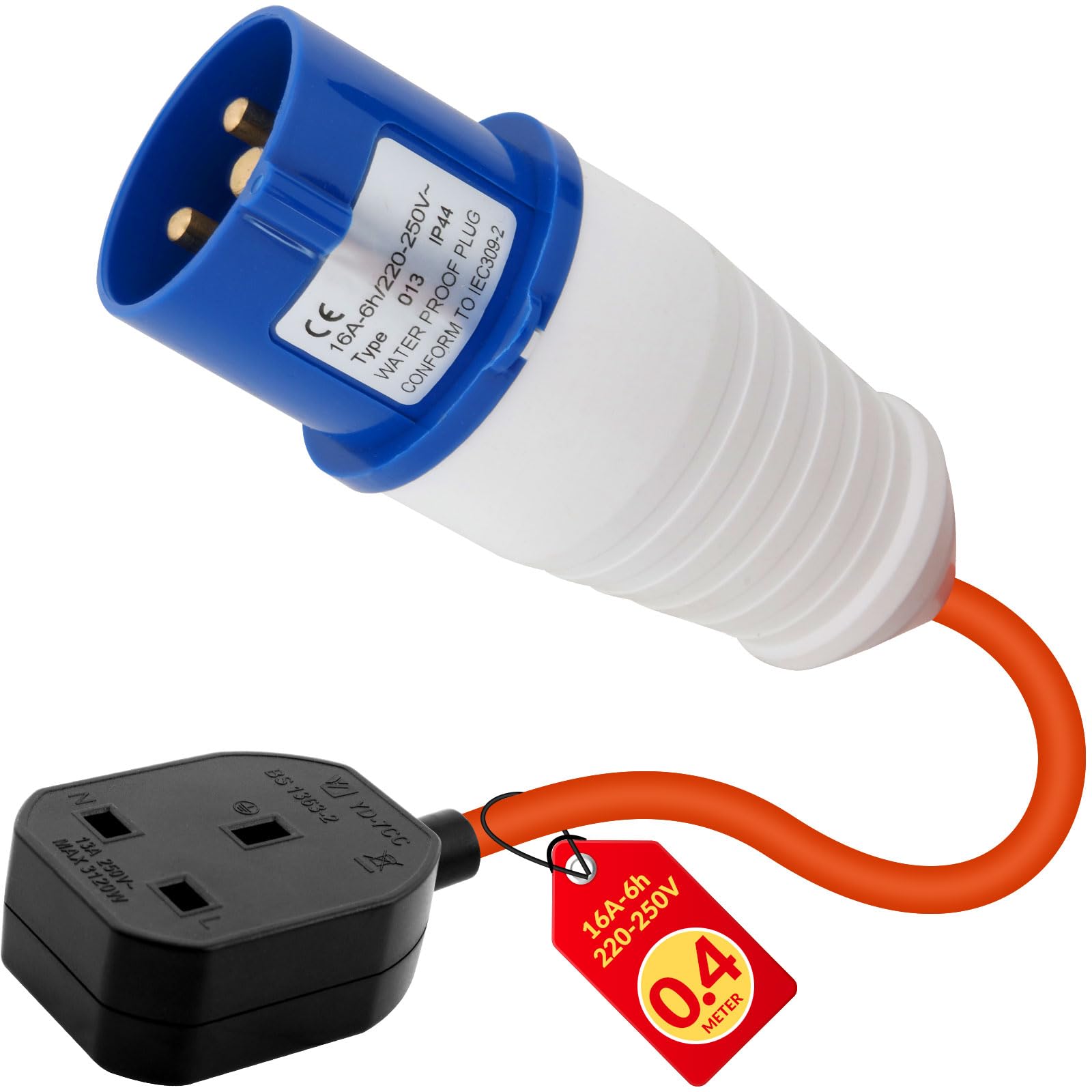 Electrical plug with blue and white body, orange cable, and black socket on a white background.