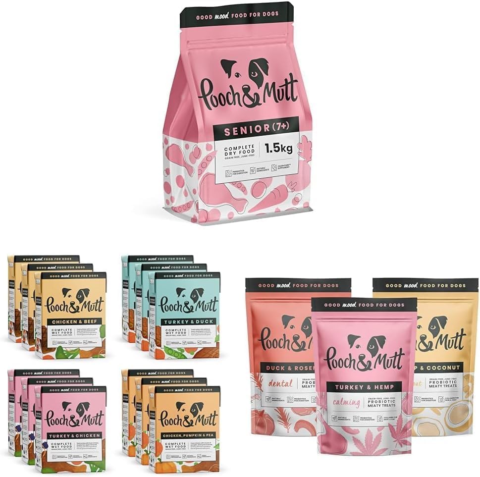 Assorted packages of Pooch & Mutt dog food on a white background