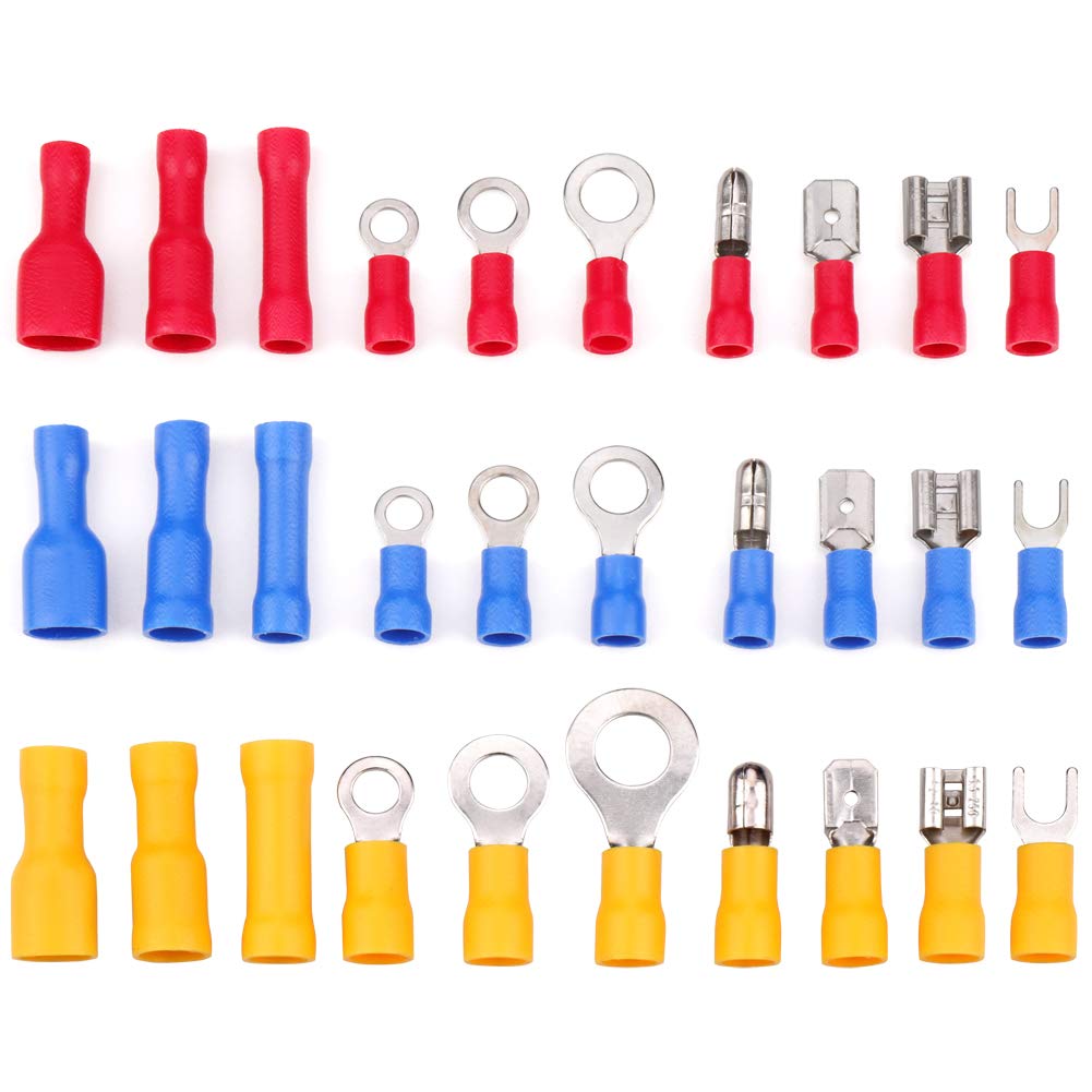 Assorted electrical wire connectors in red, blue, and yellow on a white background