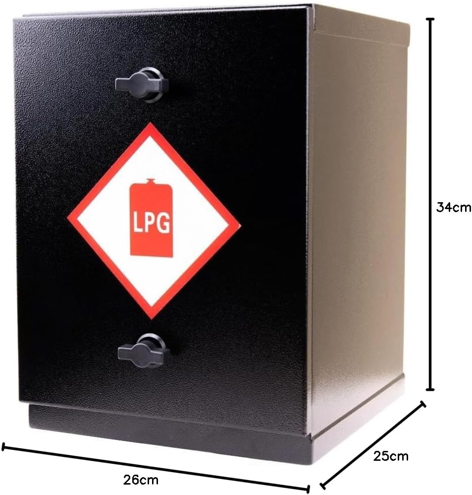 Black LPG storage canister with warning label and dimensions shown