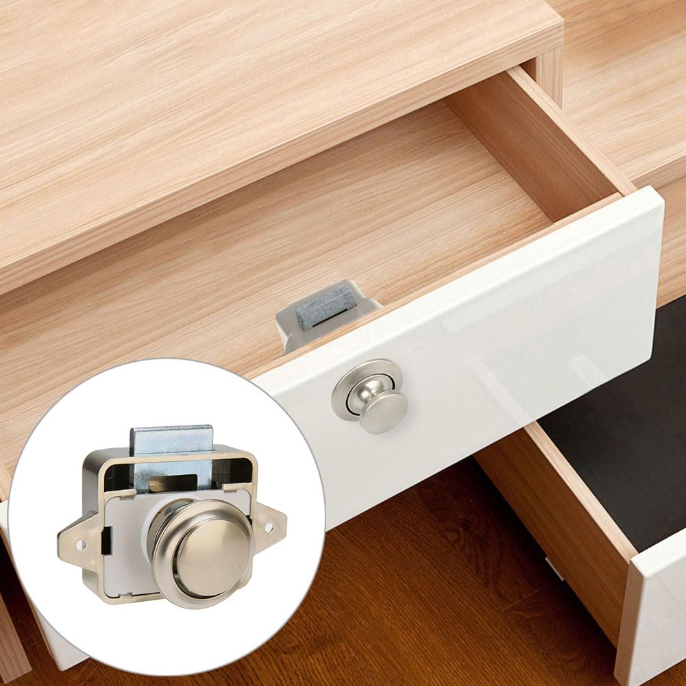 Wooden drawer with metallic lock mechanism on a wooden surface
