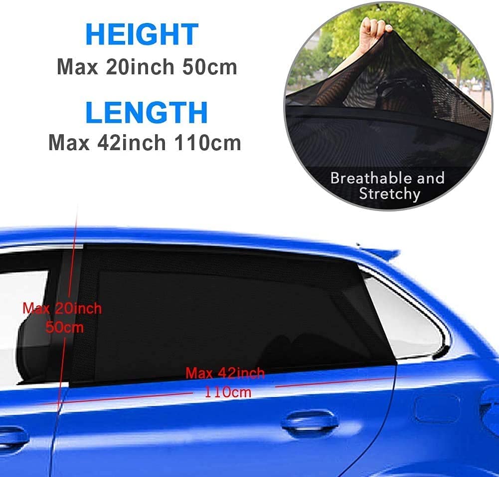 Car window shade with measurements and features on a blue car