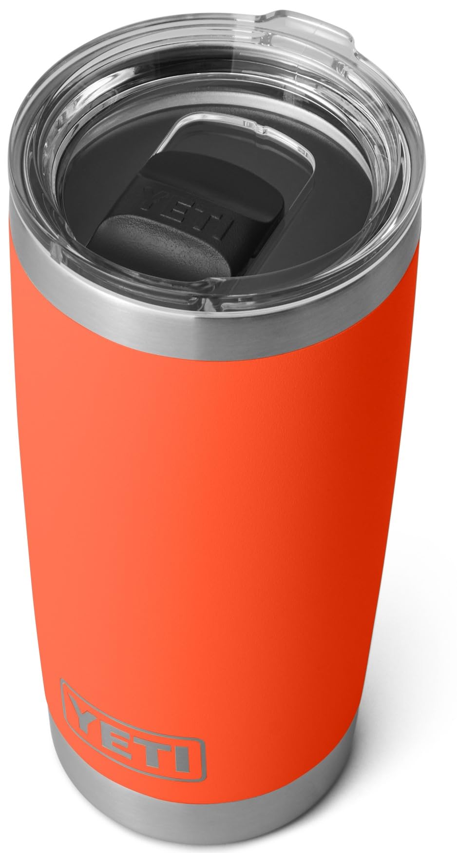 Orange YETI tumbler with a clear lid on a white background