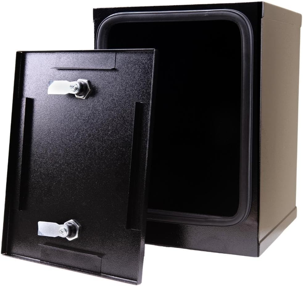 Black metal safe box with open door on a white background