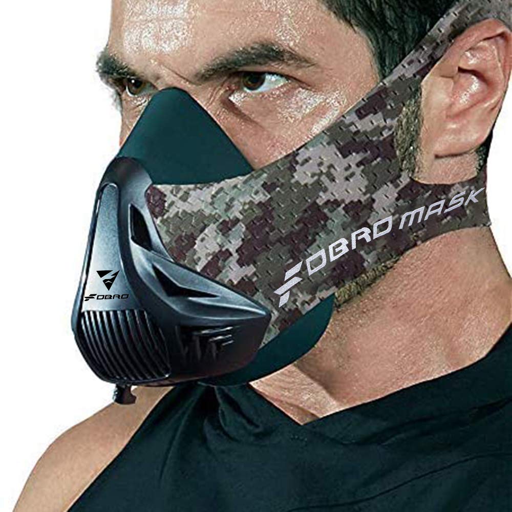 Person wearing a digital camouflage training mask with 'FOURFIVEEIGHT' branding.
