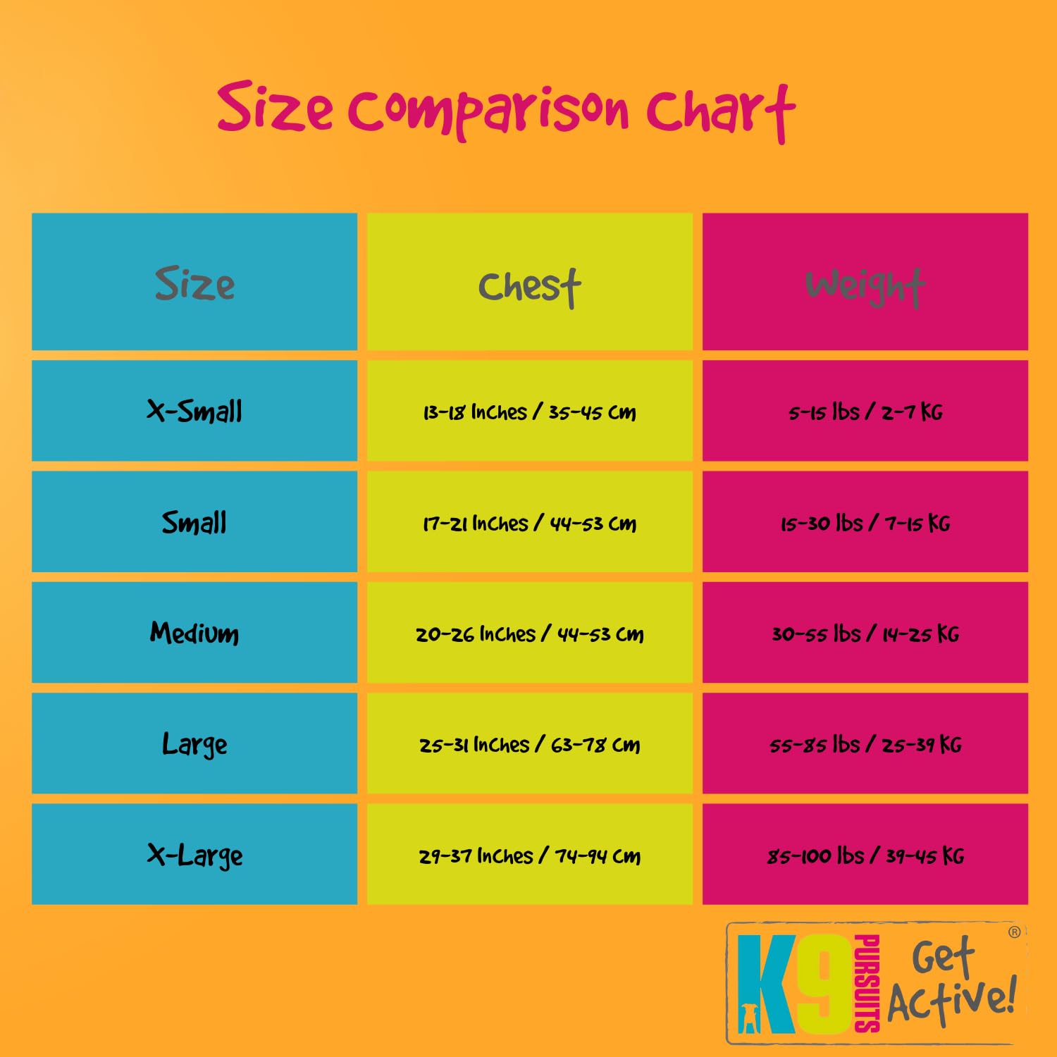 Size comparison chart for clothing with color-coded sizes on an orange background