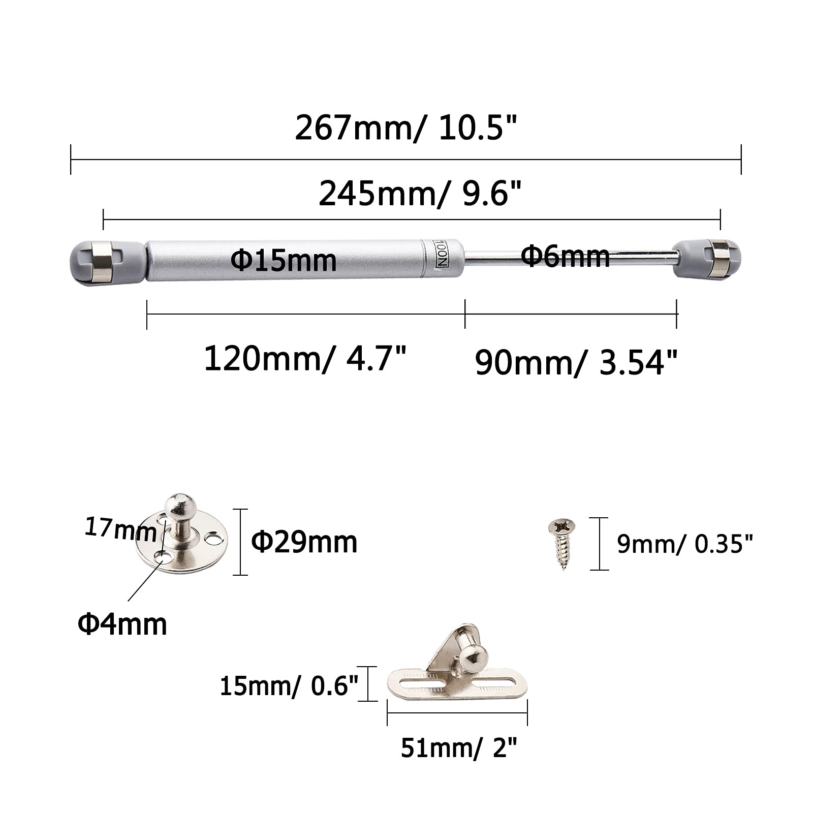 Measurement chart of various mechanical components on a white background