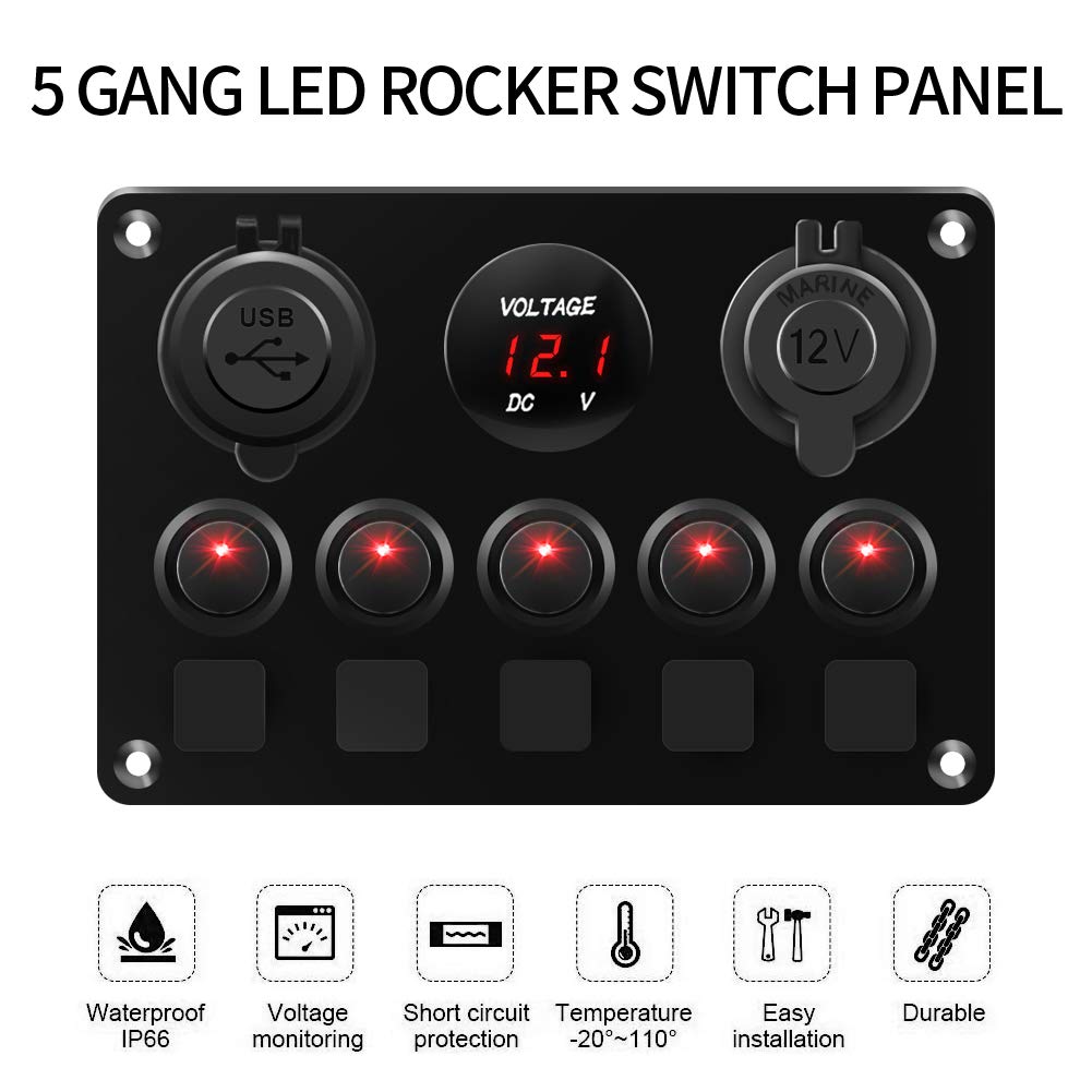 5 Gang LED Rocker Switch Panel with USB, Voltage, and Toggle switches on a black background.