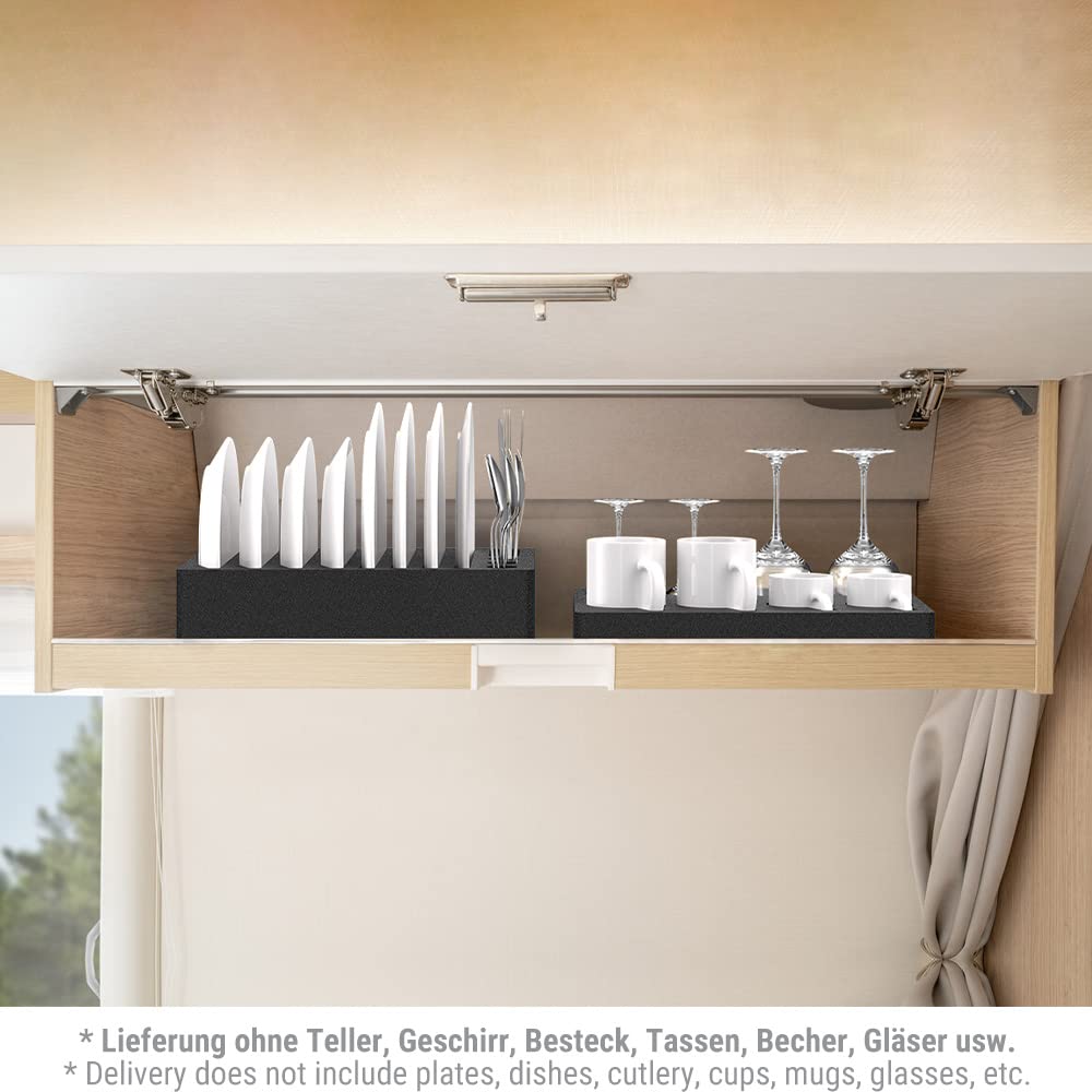 Open kitchen cabinet with cutlery and glassware inside, with a neutral background.