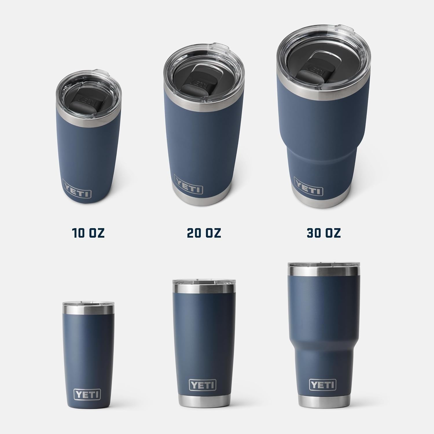 Set of YETI tumblers in different sizes on a white background