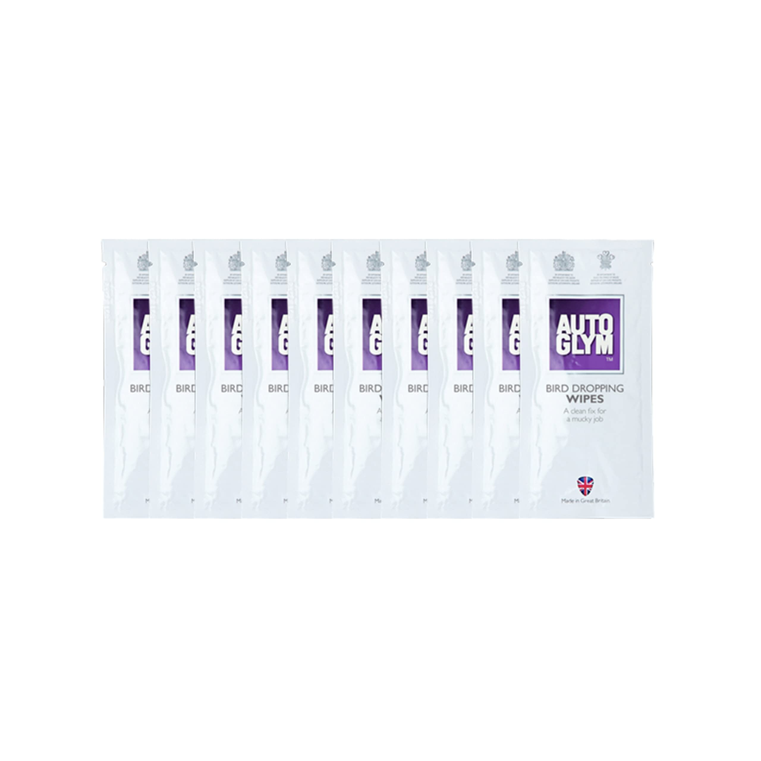 Multiple packets of AUTOGLYM bird dropping wipes on a white background