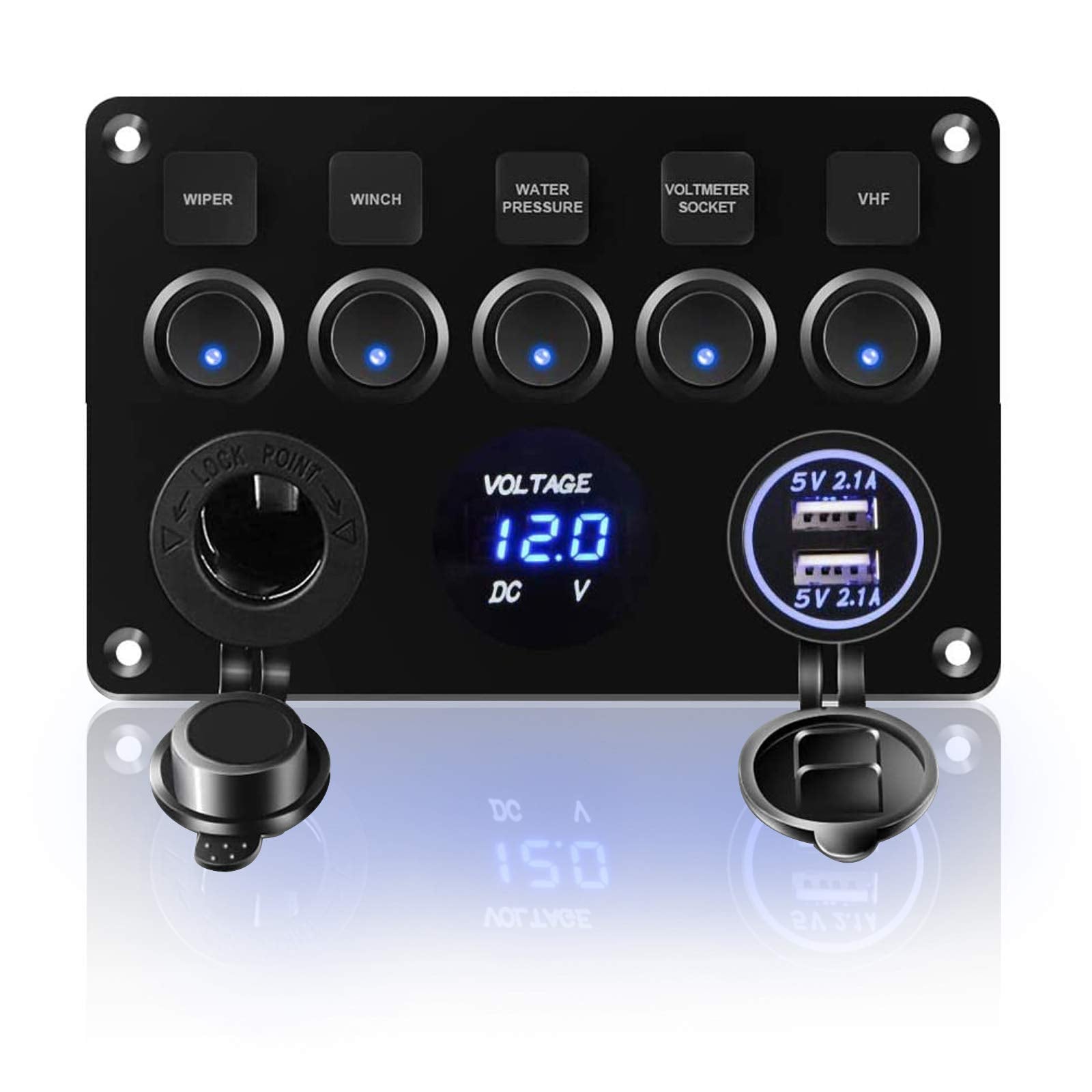 Black control panel with switches, voltage display, and USB ports on a white background