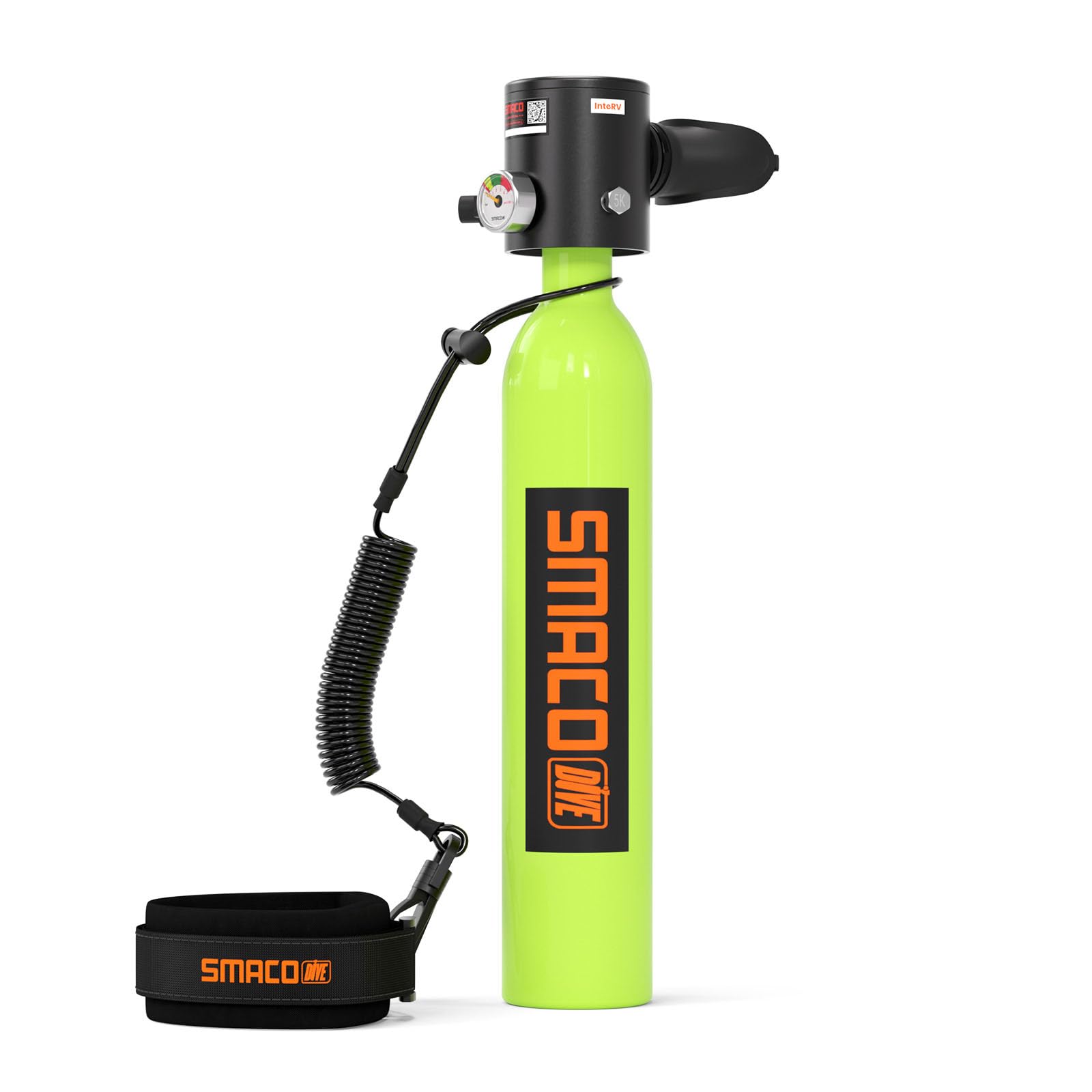 Yellow SCUBA tank with black regulator and leash on a white background