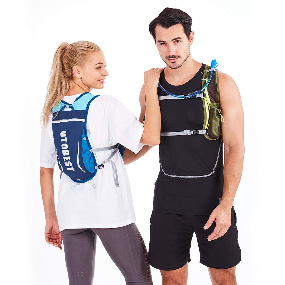 Two people wearing hydration vests on a white background