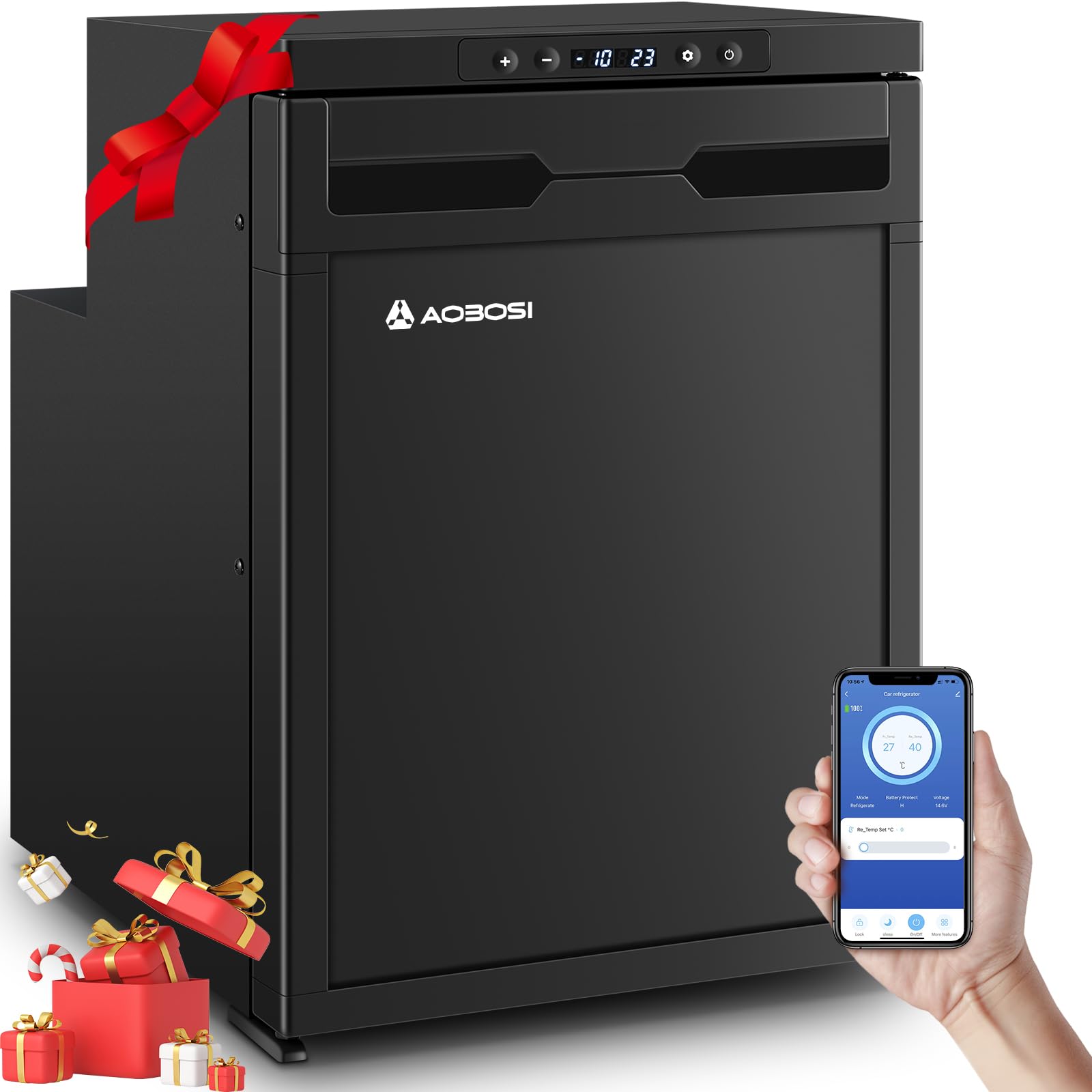 Black AOBOSI refrigerator with a smartphone displaying an app interface, surrounded by gift boxes on a white background.
