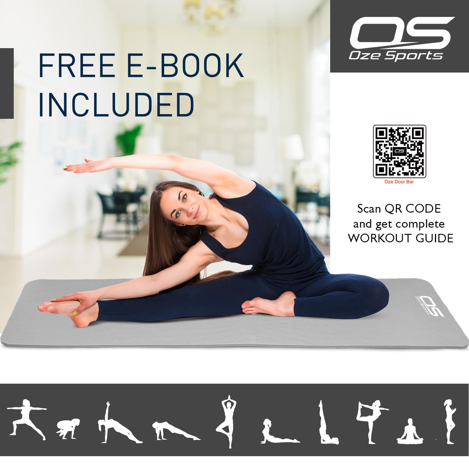 Woman practicing yoga on a Oze Sports mat with text about a free e-book and QR code.