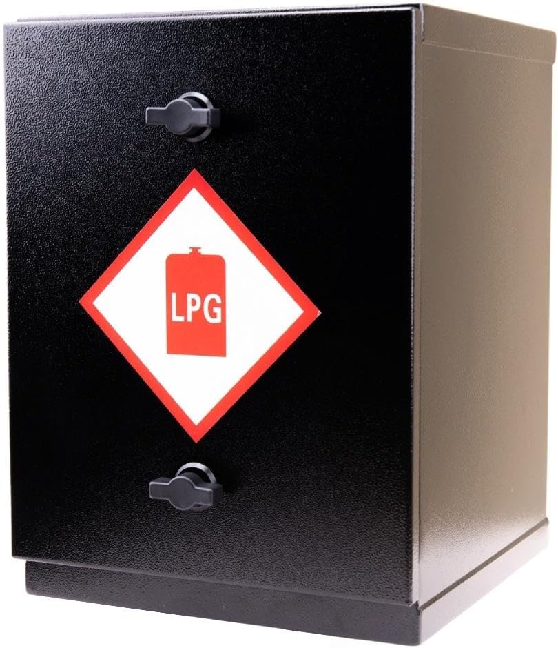Black LPG storage container with a red and white warning label.