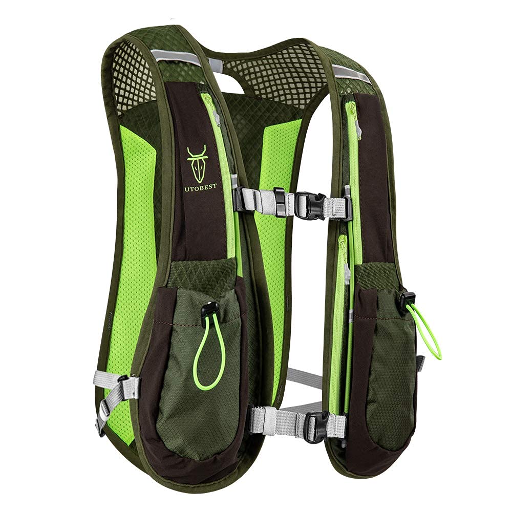 Green and black hydration vest with visible brand logo on a white background
