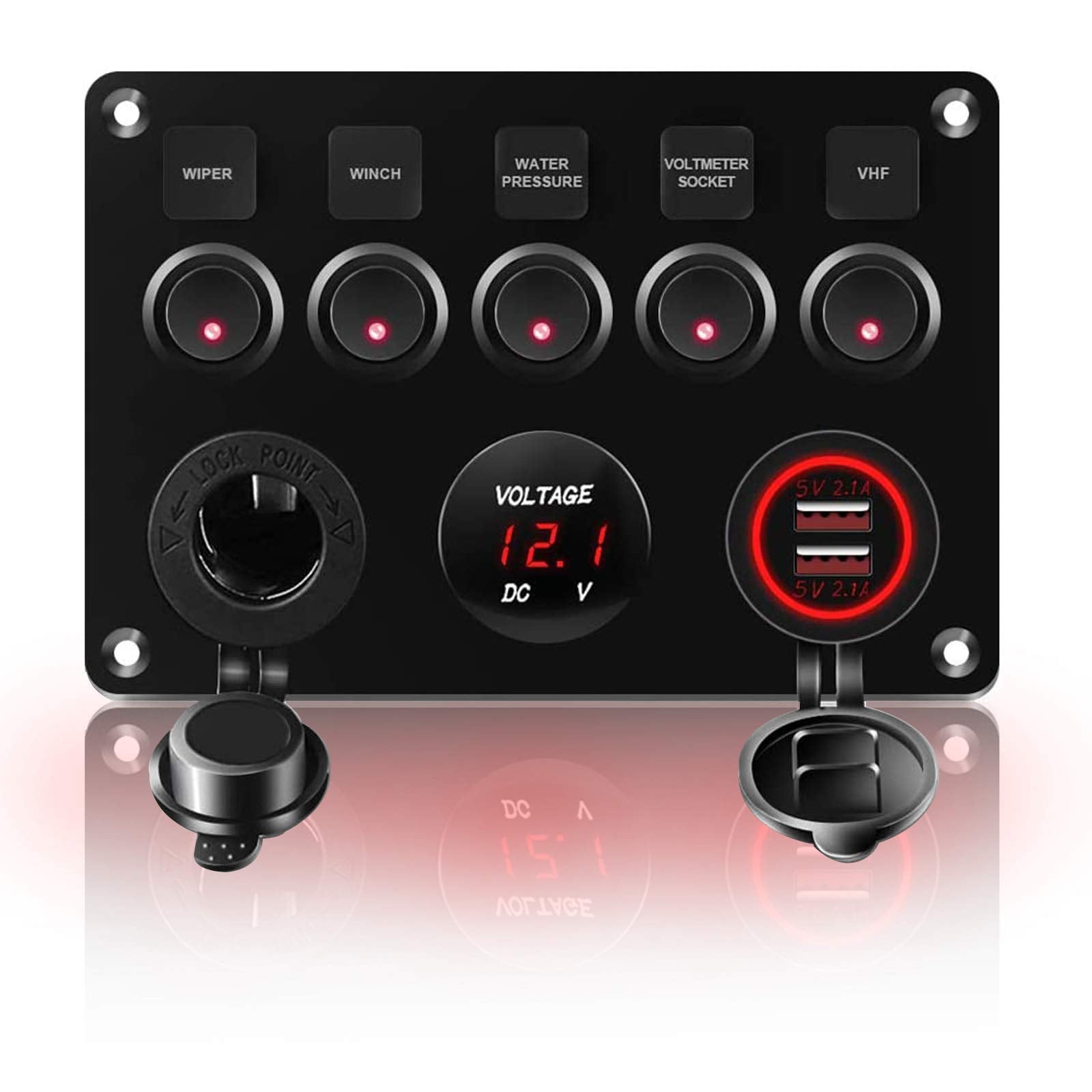 Black control panel with switches and indicators on a white background