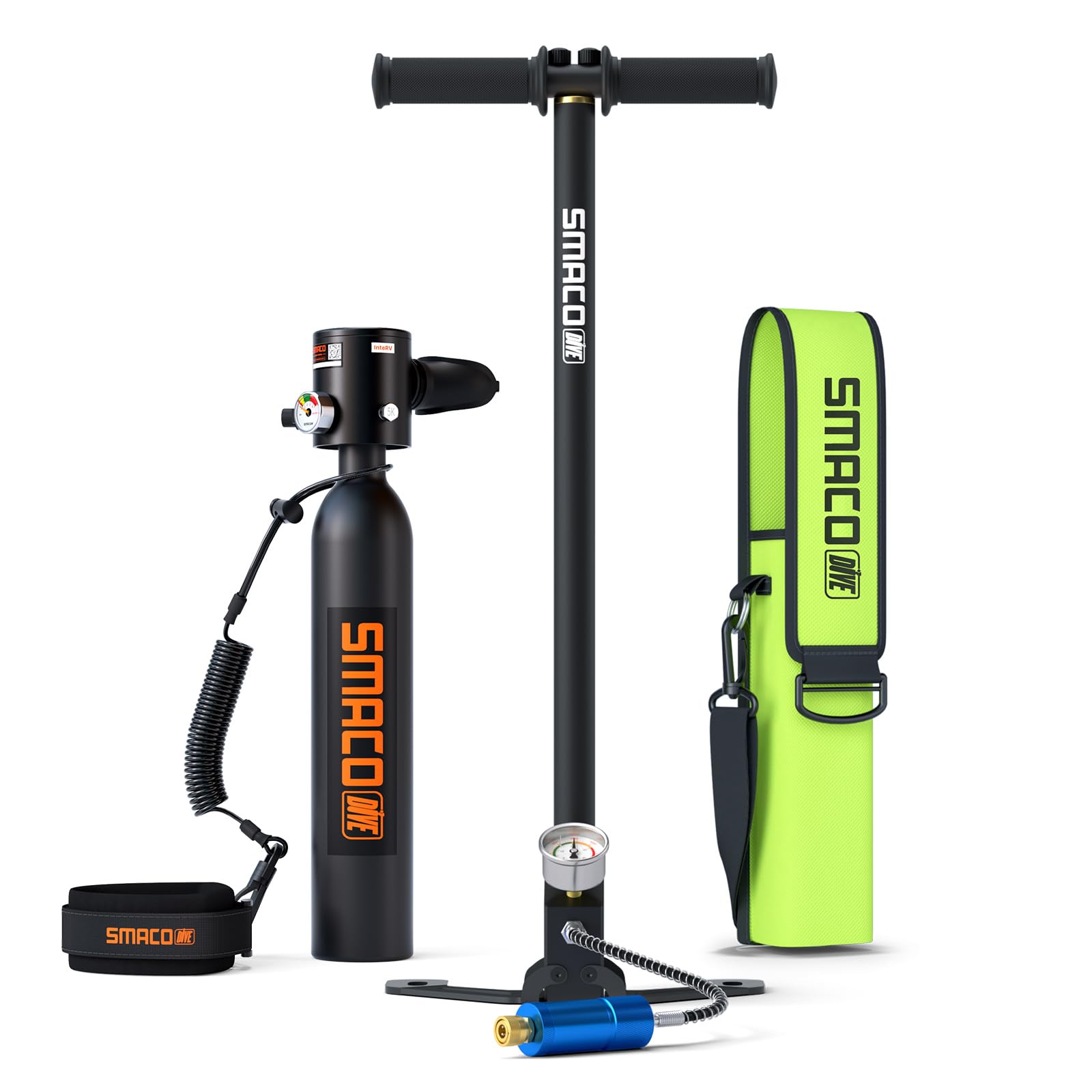 Diving equipment set with pump, tank, and accessories on a white background