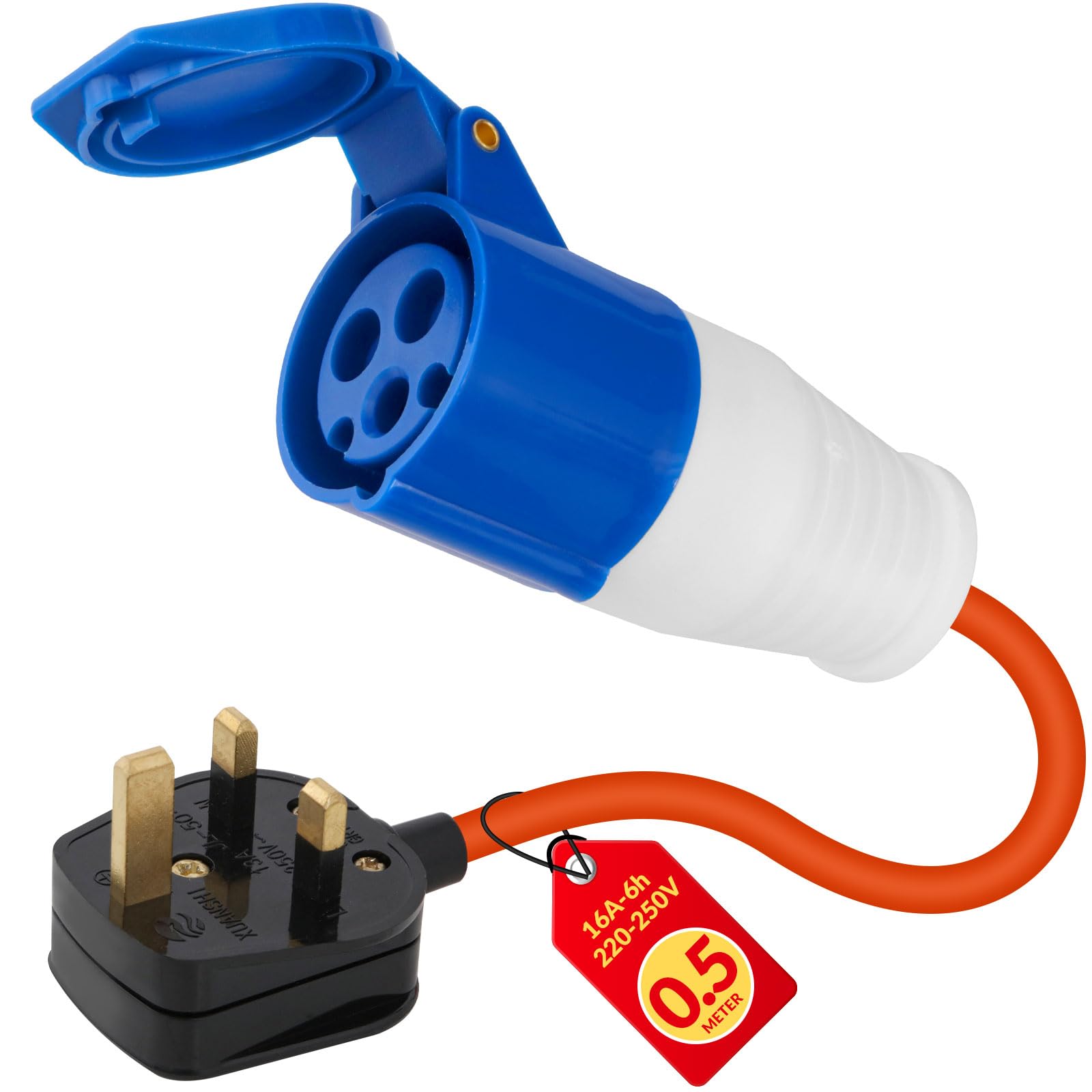 Blue and white electrical plug with orange cable and black plug on a white background