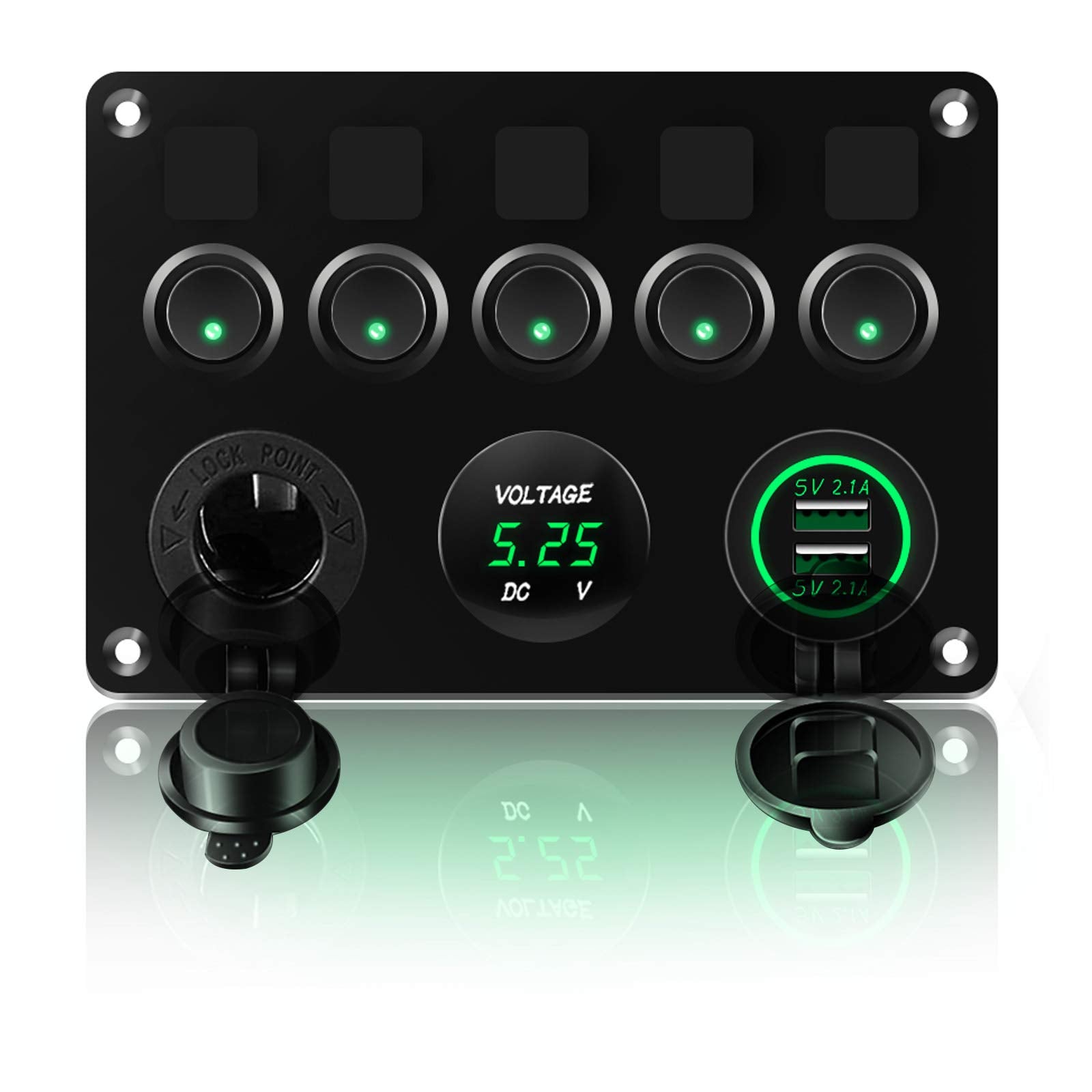 Black control panel with switches and digital display on a white background