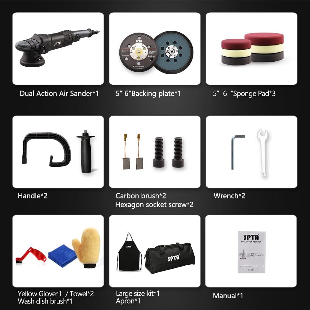 Collection of car care tools and accessories with SPTA branding on a white background.