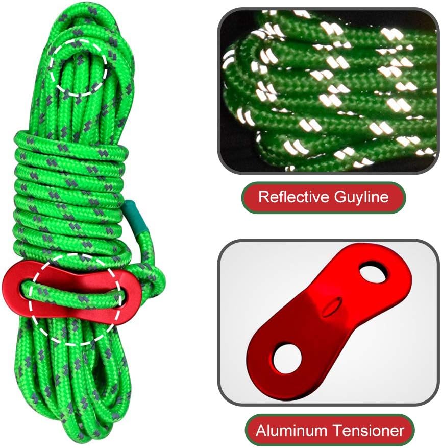 Green reflective guylines with a red aluminum tensioner on a white background