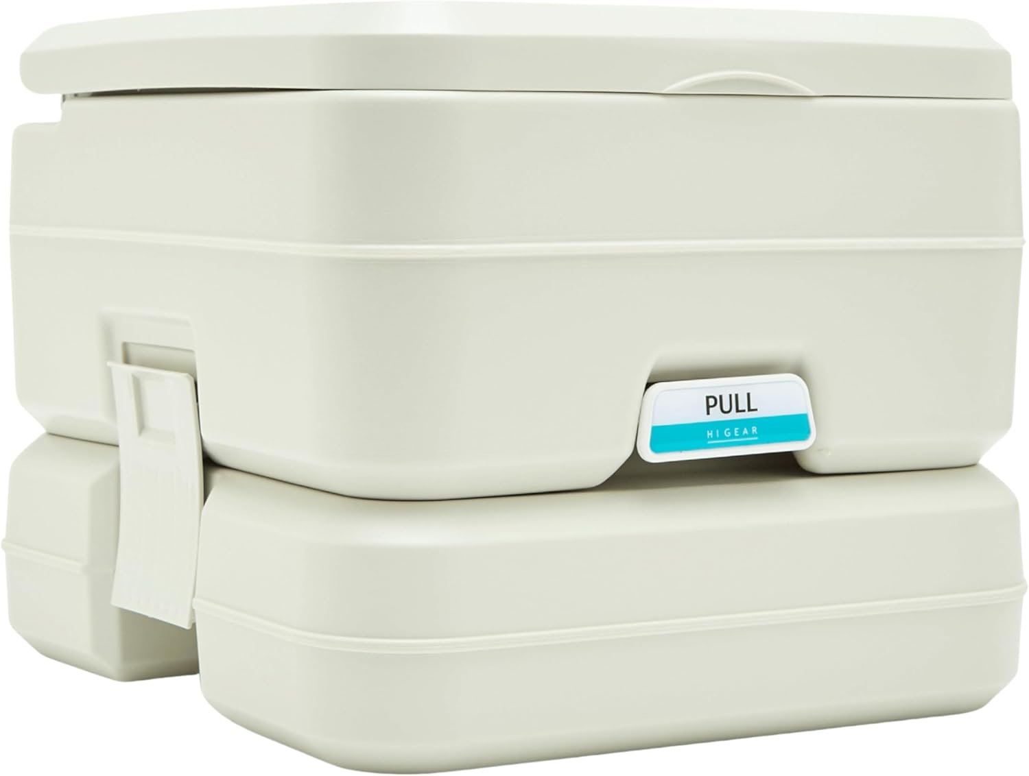 Beige portable toilet with 'PULL' label on a white background