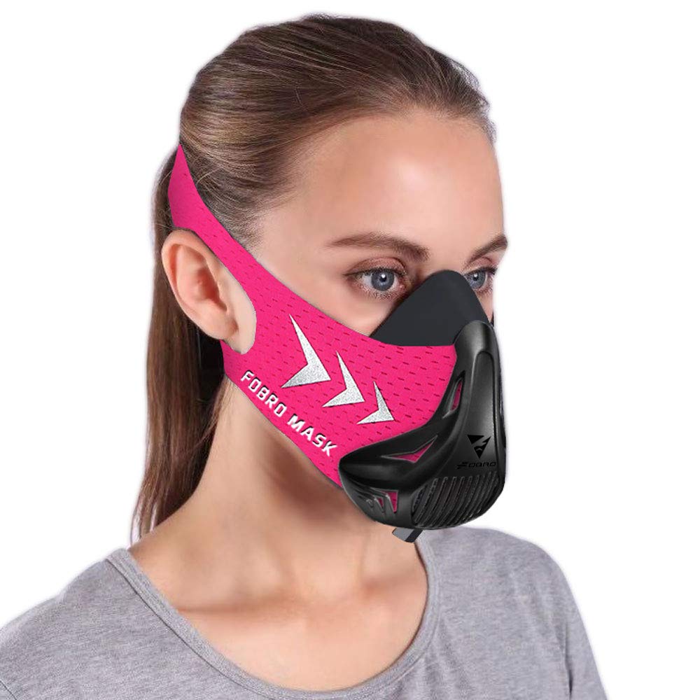 Person wearing a pink and black training mask on a white background