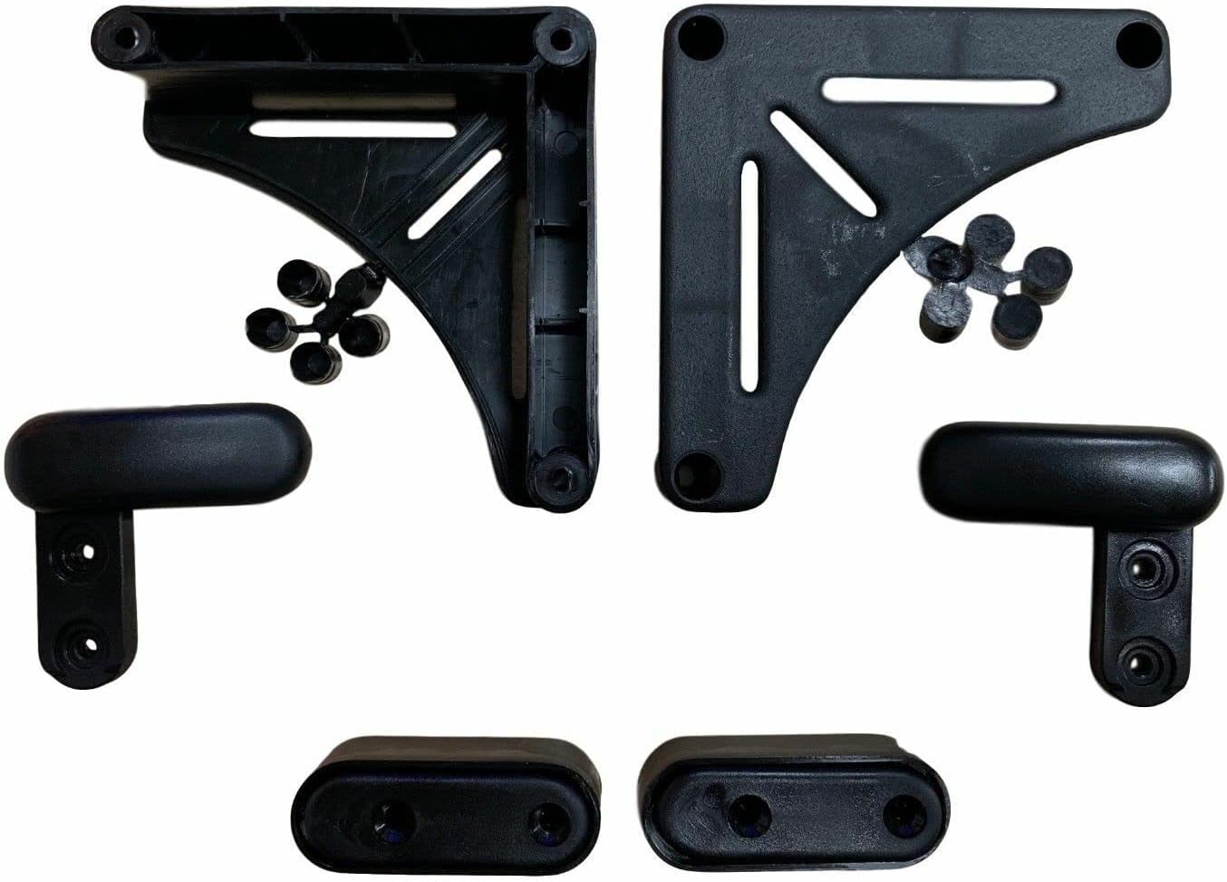 Set of black metal brackets and fasteners on a white background
