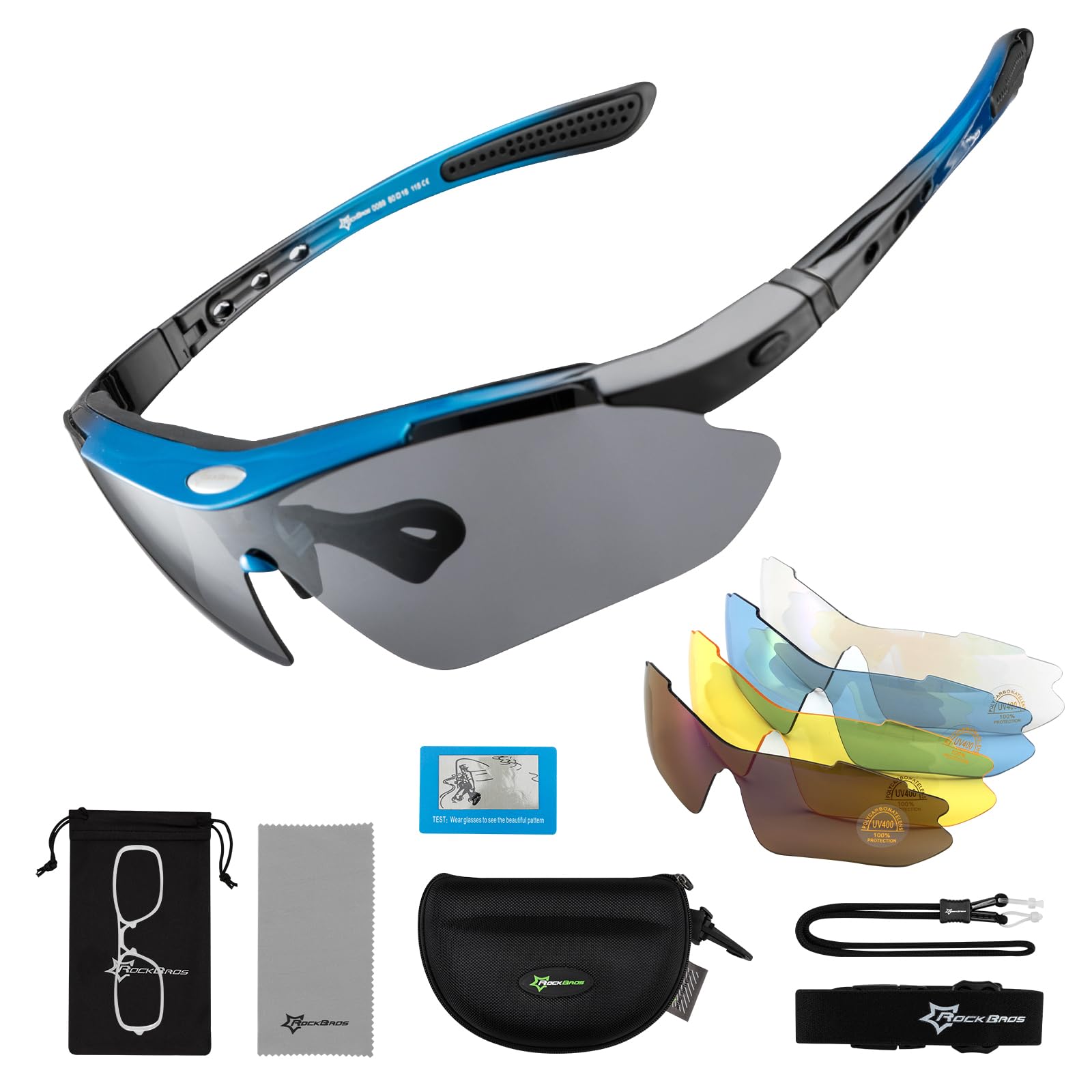 Sunglasses with multiple lenses and accessories on a white background