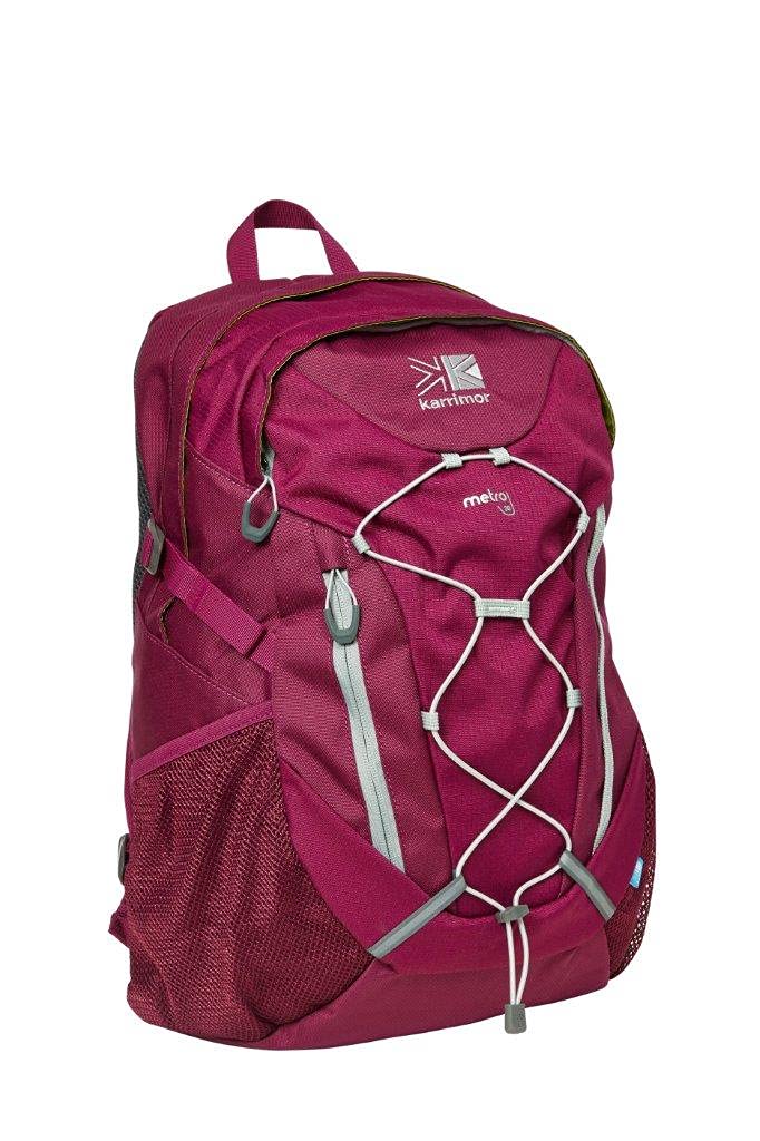 Pink backpack with visible brand logo on a white background