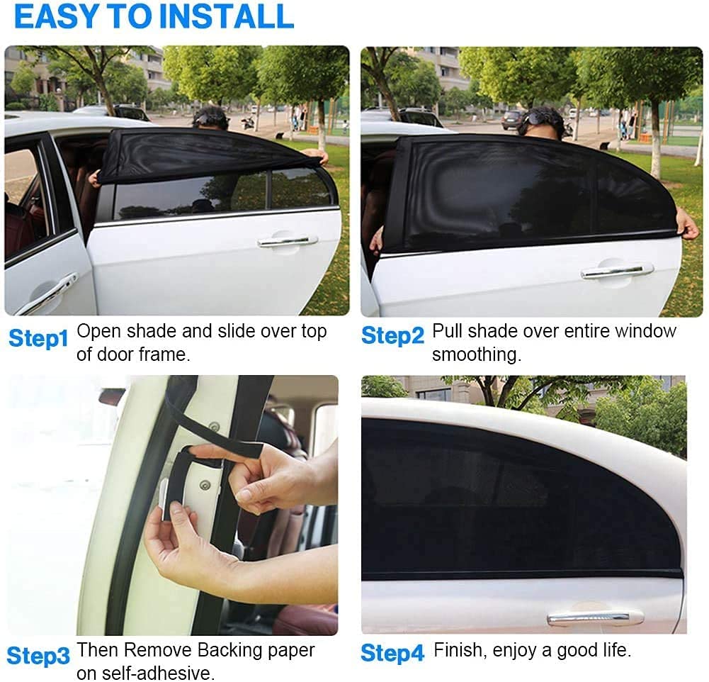Step-by-step guide on installing a car window shade with images and text.