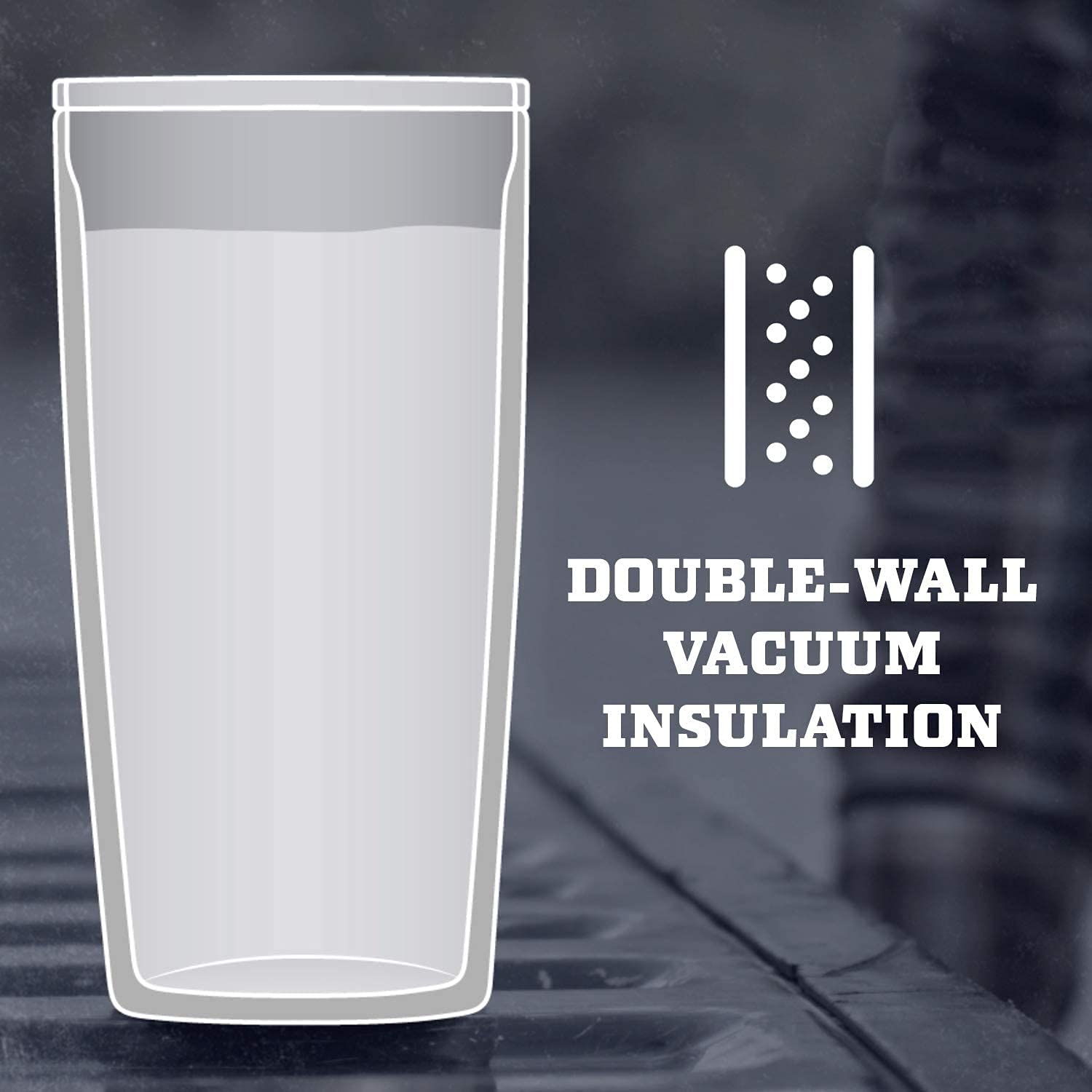 Outline of a double-wall vacuum insulated tumbler with text on a blurred background