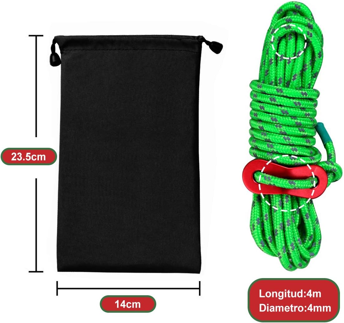 Green rope with red carabiner and black drawstring bag on a white background