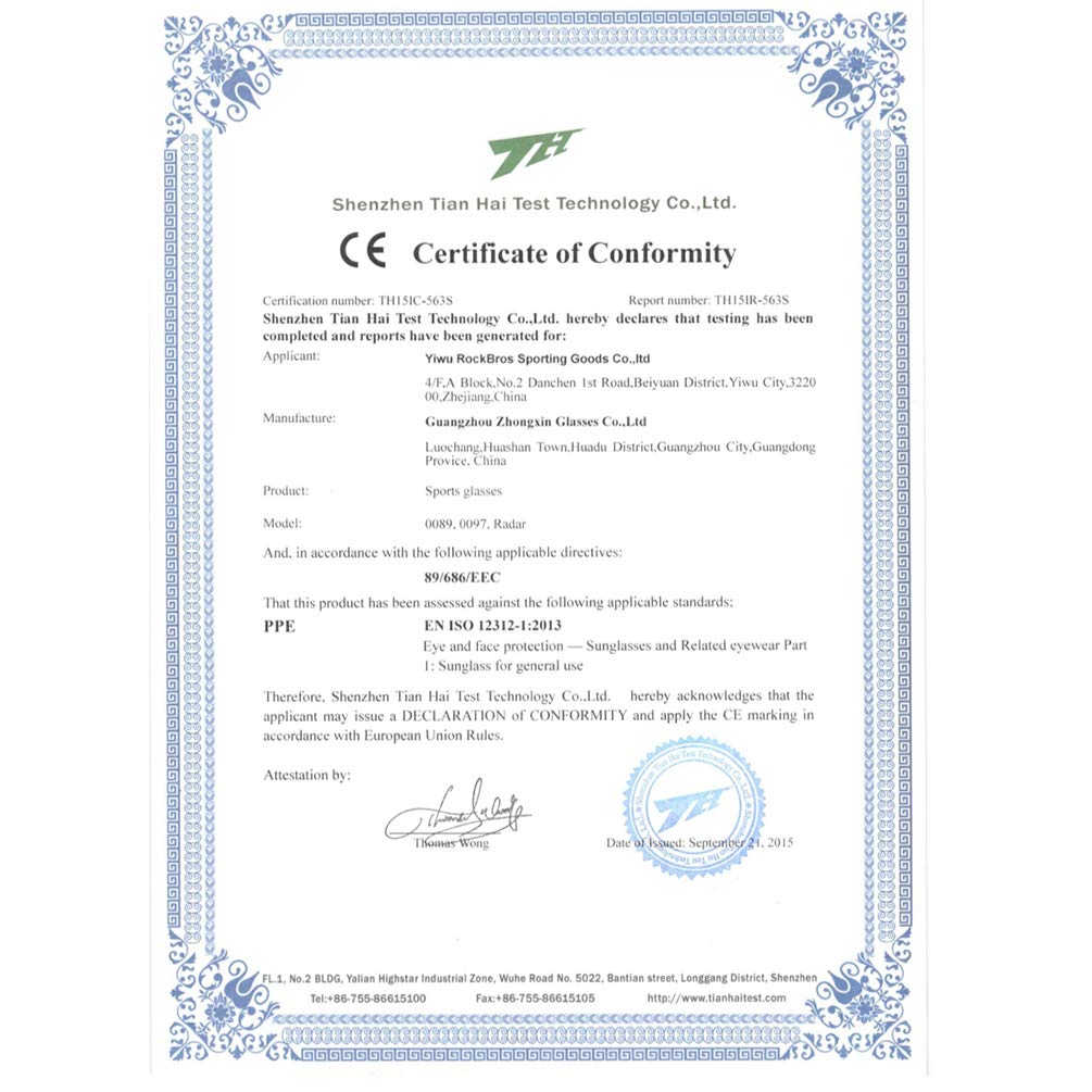 Certificate of Conformity from Shenzhen Tian Hai Test Technology Co., Ltd. with CE marking