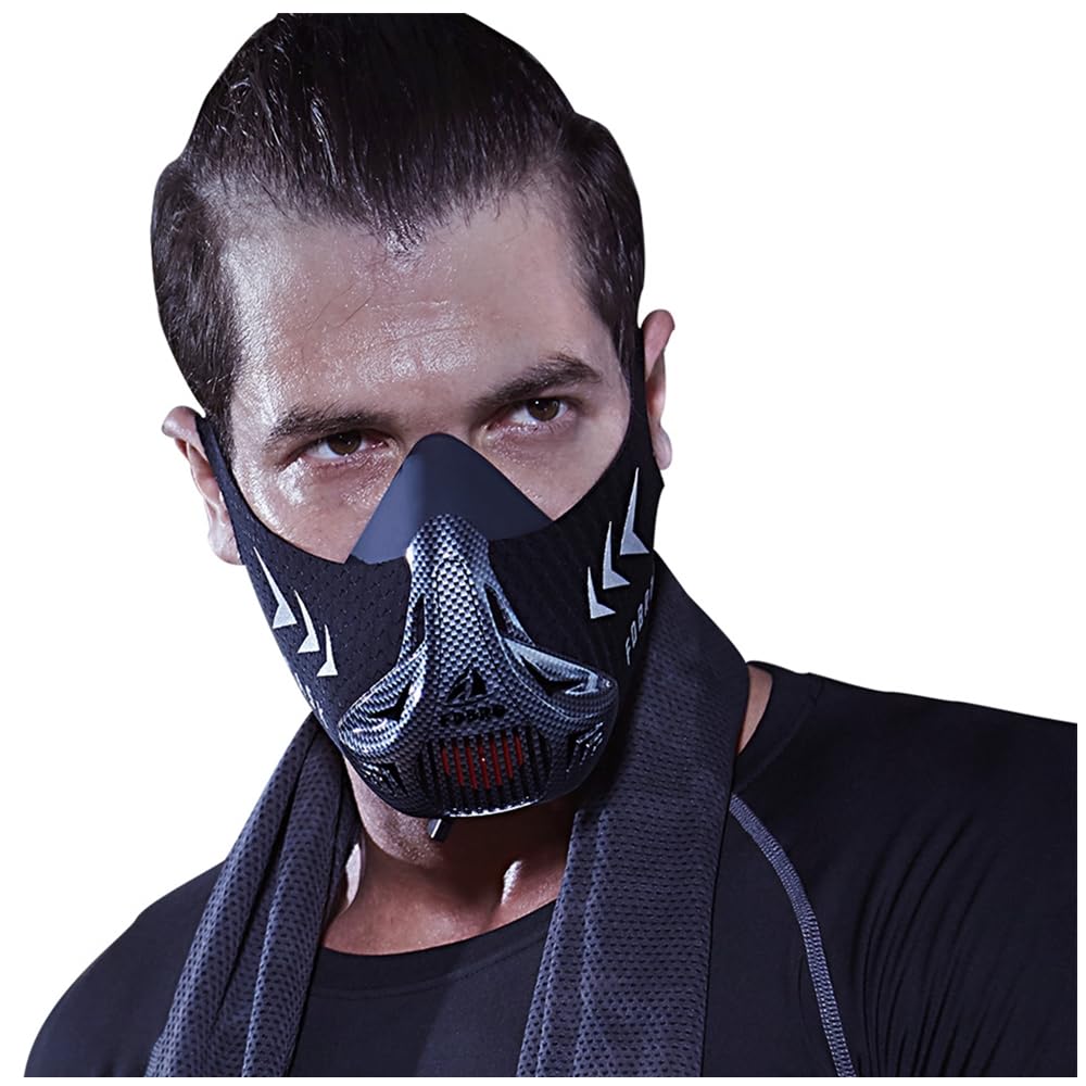 Person wearing a black and blue training mask on a white background