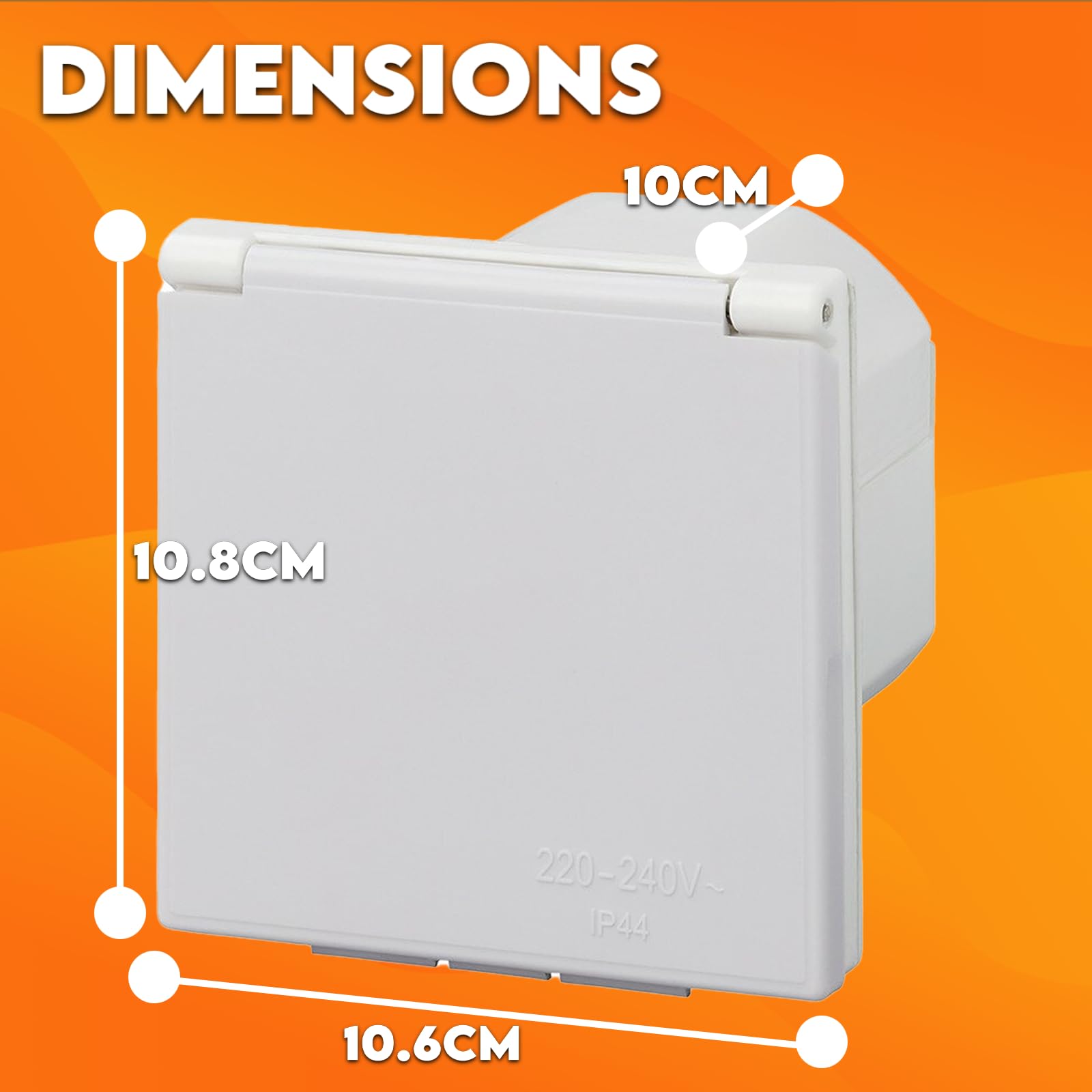 White rectangular box with dimensions labeled on an orange background
