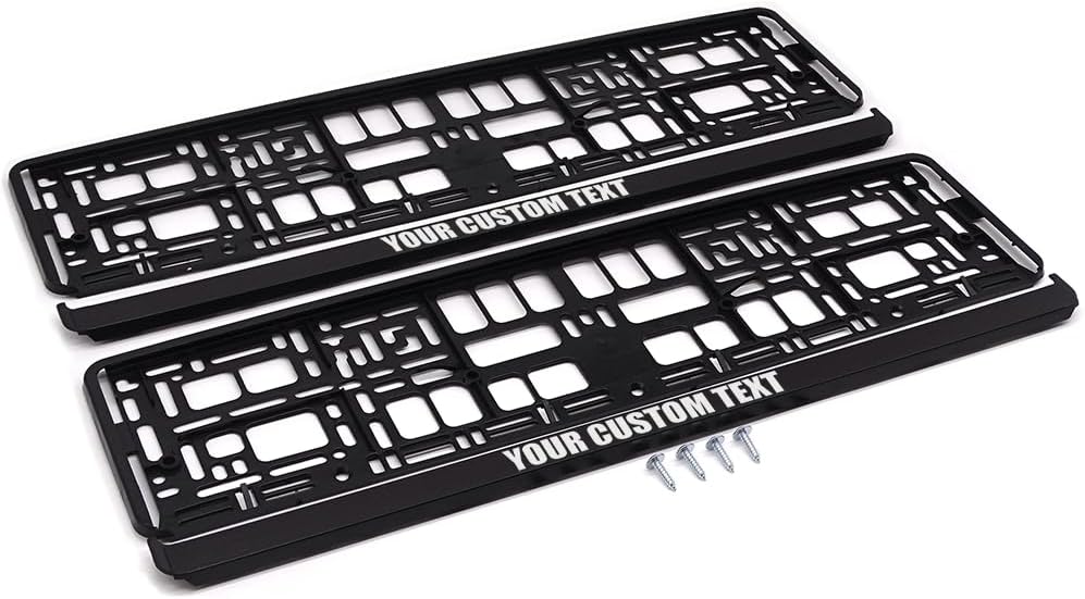 Two black license plate frames with customizable text on a white background