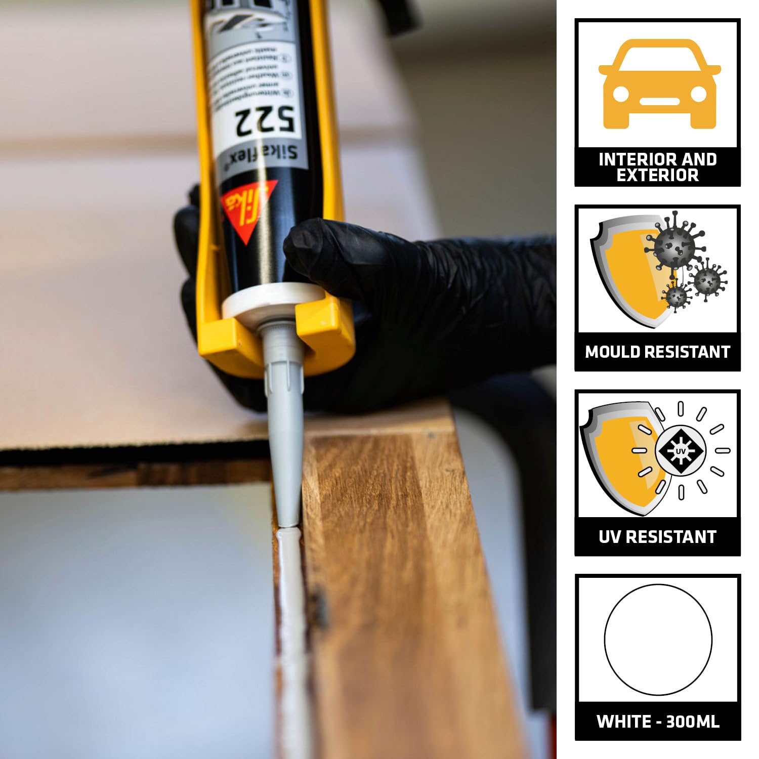 Sealant gun applying sealant to wooden surface with product features on the side.